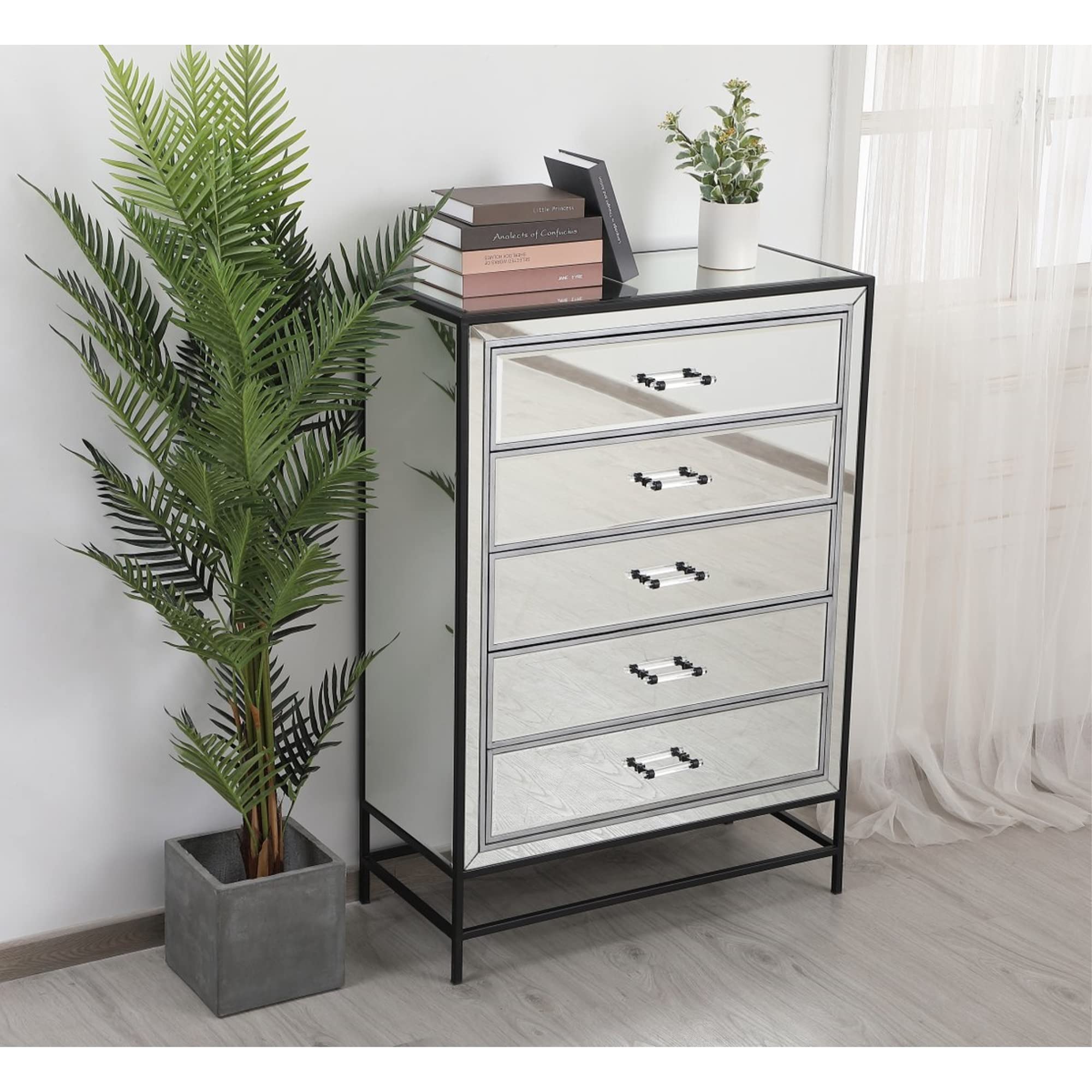 Elegant Decor Beau 48" Metal Acrylic and MDF Mirrored 6-Drawer Chest in Black