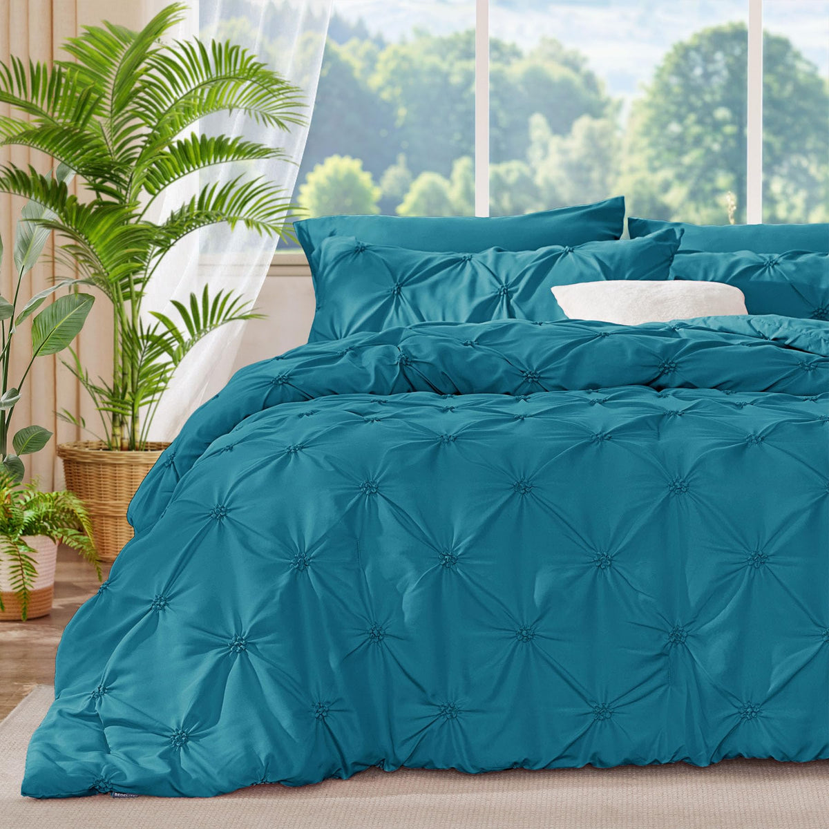 Bedelite Teal King Size Comforter Set - 3 Pieces Boho Pintuck Bedding Comforter Sets, Lightweight Soft & Warm King Bedding Set W
