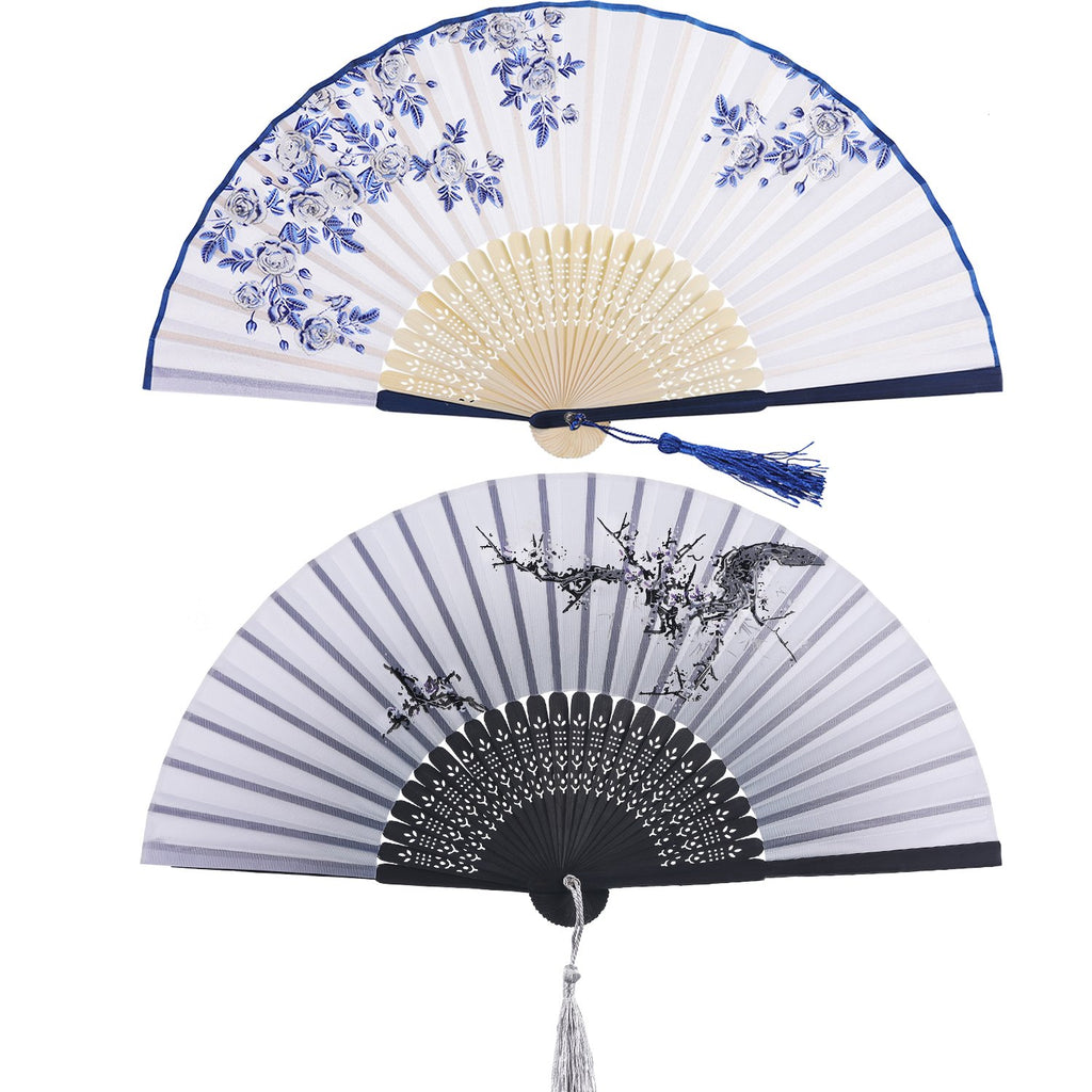 2 Pieces Folding Fans Handheld Fans Bamboo Fans with Tassel Women's Hollowed Bamboo Hand Holding Fans for Wall Decoration, Gifts