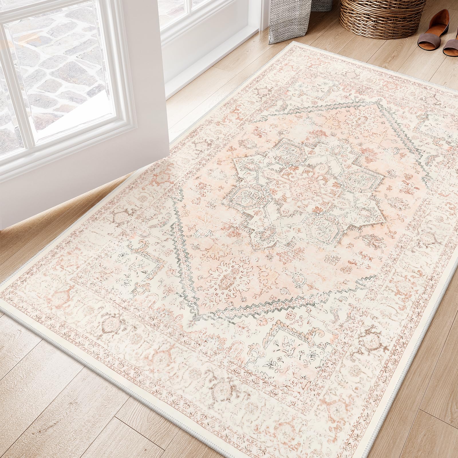 LIVEBOX Pink Carpet 3x5 - Oriental Floral Non-Slip Indoor Rug for Kitchen Entrance, Faux Wool Front Door Mat, Pet Friendly Accen
