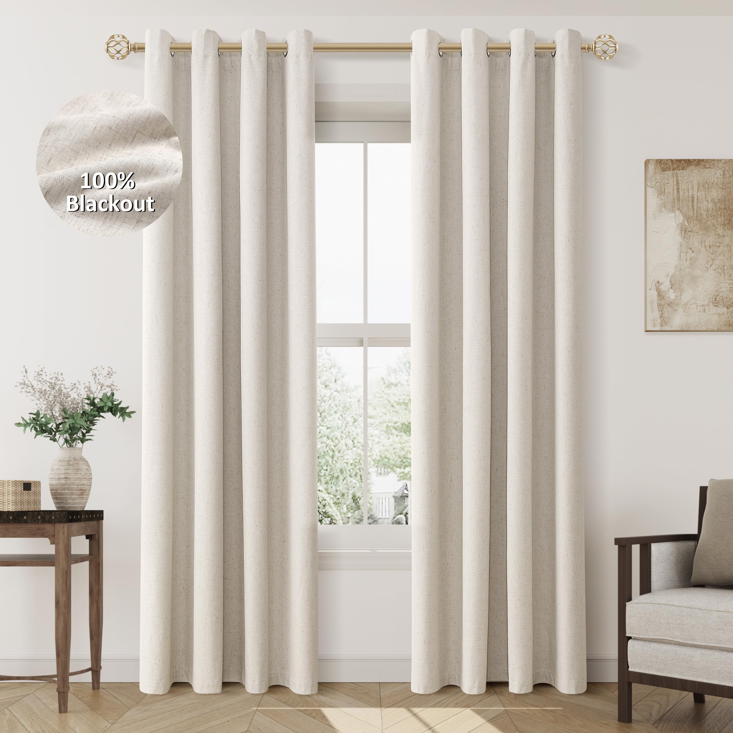 Jowels Beige Linen Blackout Curtains 80 Length 2 Panels Set For Living Room Bedroom, 100% Black Out Thermal Insulated Linen Drap