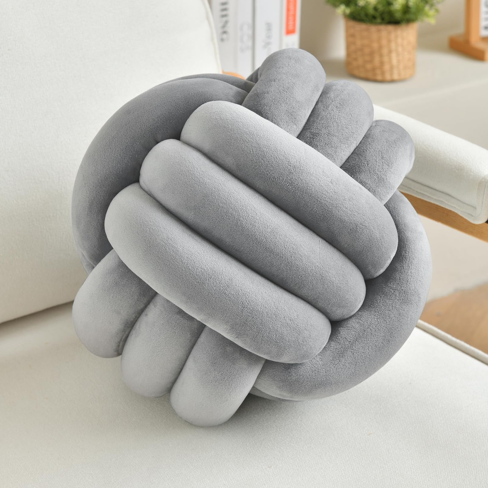 Lusjnge Decorative Throw Knot Pillow Ball For Home Chair Sofa Aesthetic Round Velvet Knotted Pillow Cushion (Light Grey, 8.7 Inc