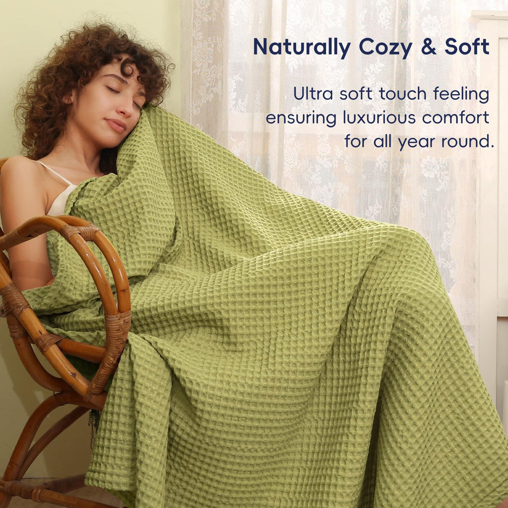 Phf Ultra Soft Waffle Weave Blanket King Size 104'X 90'- Washed Lightweight Breathable Cozy Woven Blanket For Bed - Aesthetic Decor For Couch Bedding Sofa Home Car - Olive Green