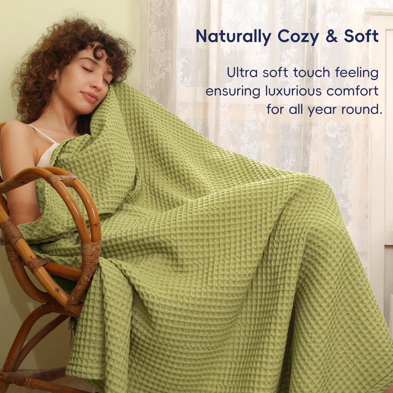 Phf Ultra Soft Waffle Weave Blanket King Size 104'X 90'- Washed Lightweight Breathable Cozy Woven Blanket For Bed - Aesthetic Decor For Couch Bedding Sofa Home Car - Olive Green