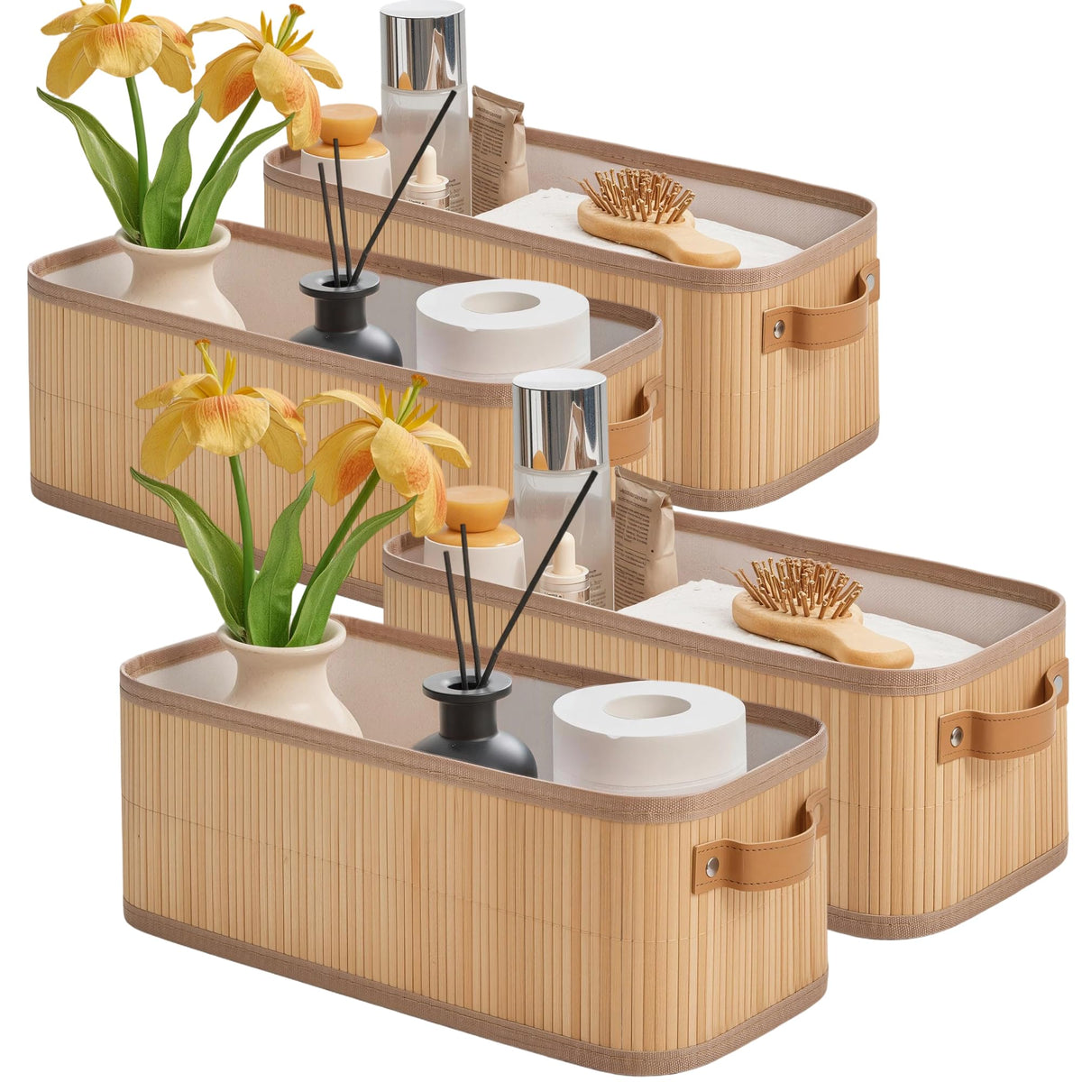 Narrow Storage Bins, Small Basket for Closet and Shelves, Bamboo Toilet Paper Storage Organizer with Handles for CountertopBath
