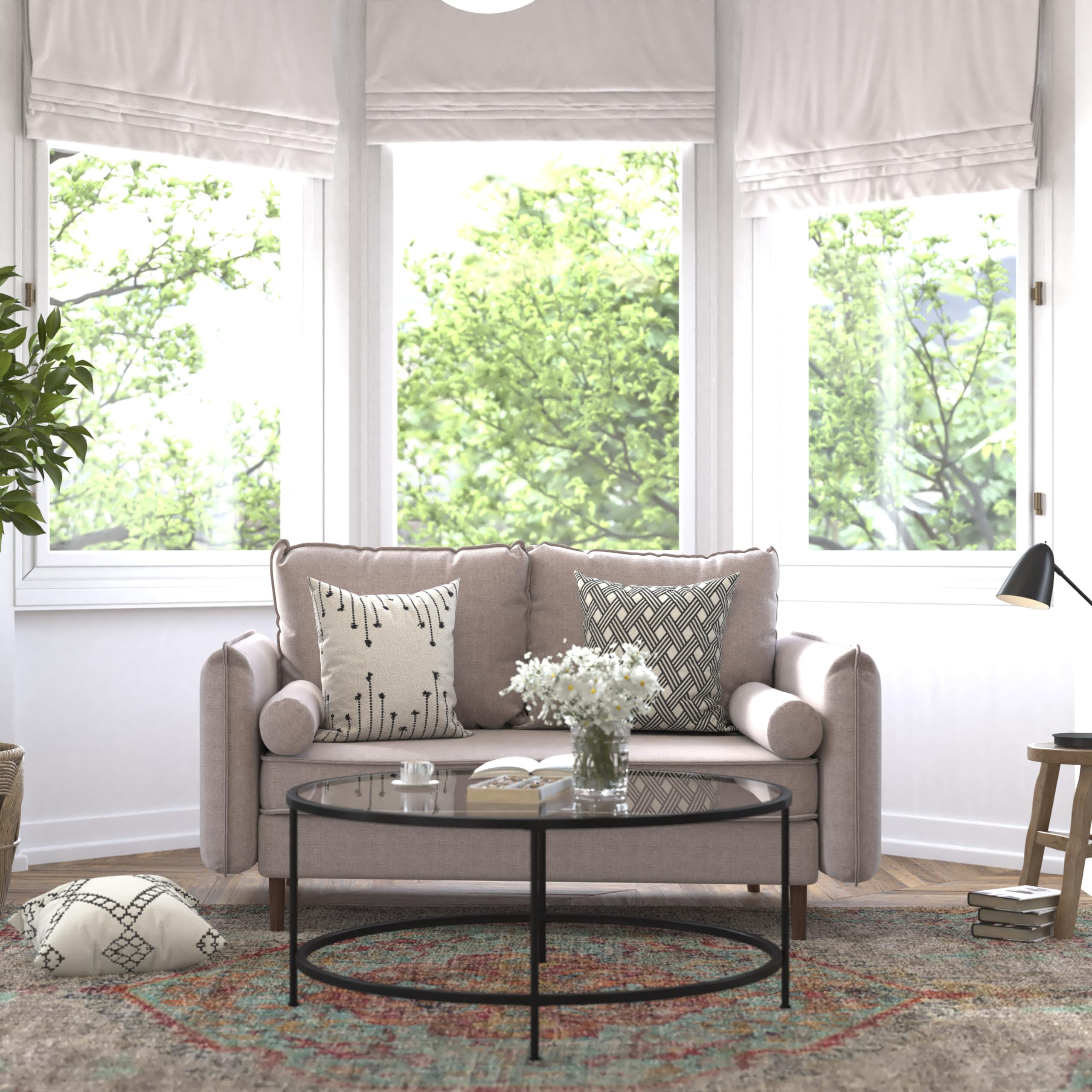 Flash Furniture Evie Mid-Century Modern Loveseat - Taupe Faux Linen Fabric Upholstery - Real Wood Frame and Legs