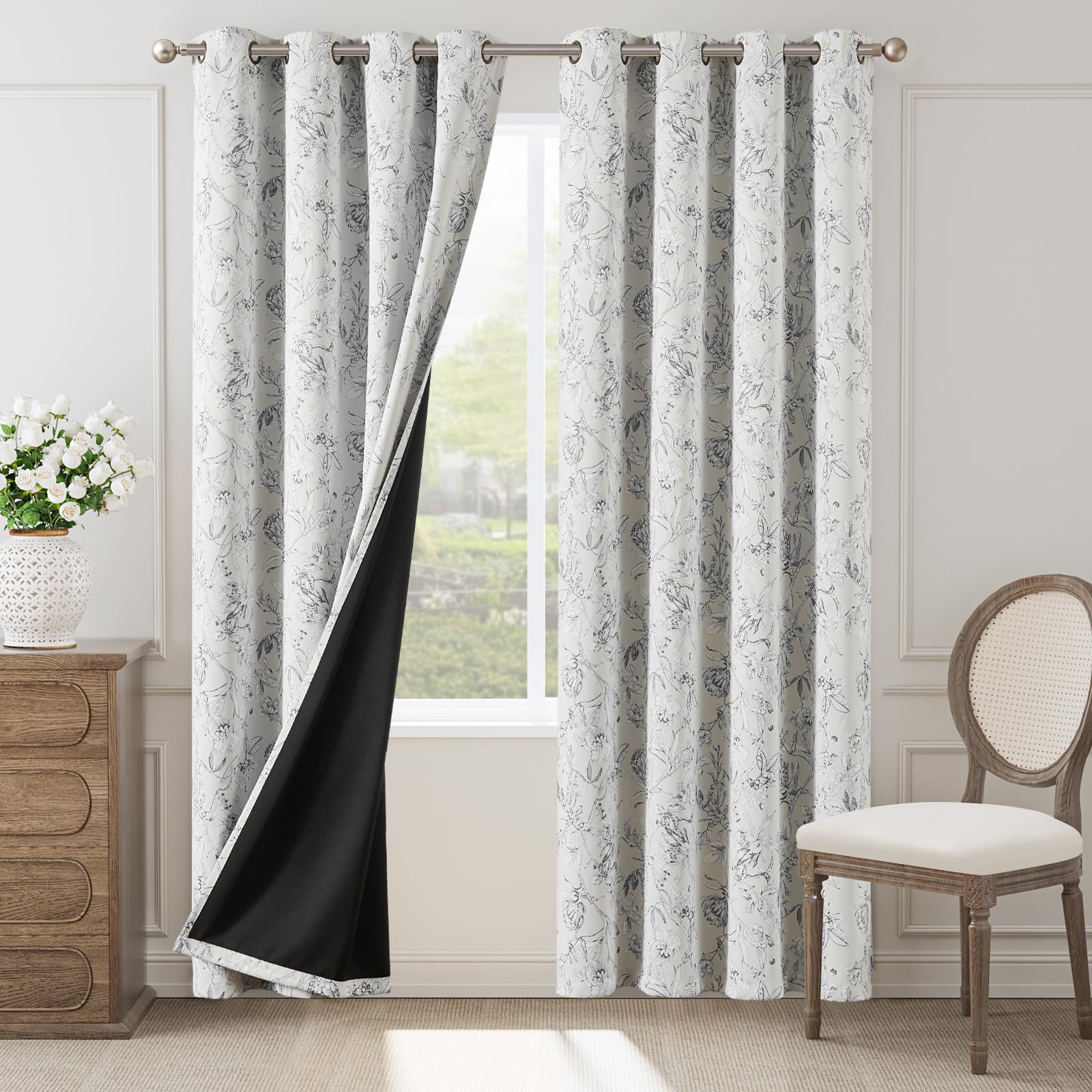 Jinchan Grey Floral Blackout Curtains For Bedroom 84 Inches Long, Grey Flower Patterned Curtains Blackout Thermal Insulated 100%