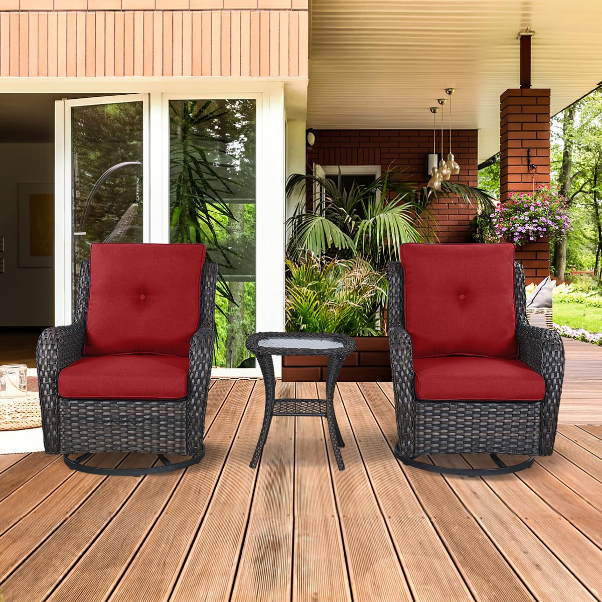 Hummuh 3-Piece Swivel Rocking Rattan Chair Outdoor, Patio Bistro Furniture Conversation Set, Cushioned Wicker Chair With Glass Coffee Table
