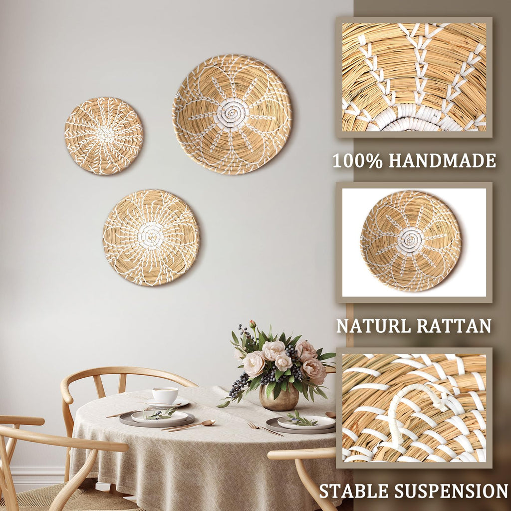 Boho Wall Basket Decor Set Of 3 Decorative Bulrush Woven Basket Wall Decor Set Rustic Hanging Handmade Round Woven Wall Decor Wi