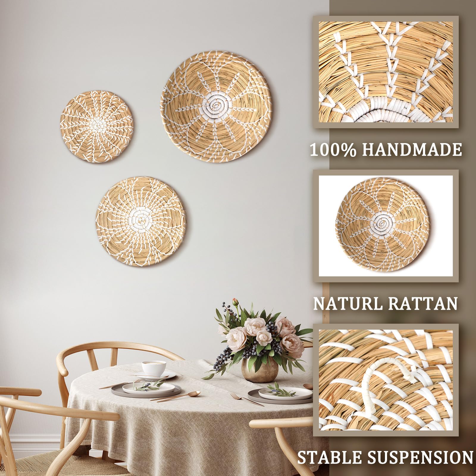 Boho Wall Basket Decor Set Of 3 Decorative Bulrush Woven Basket Wall Decor Set Rustic Hanging Handmade Round Woven Wall Decor Wi