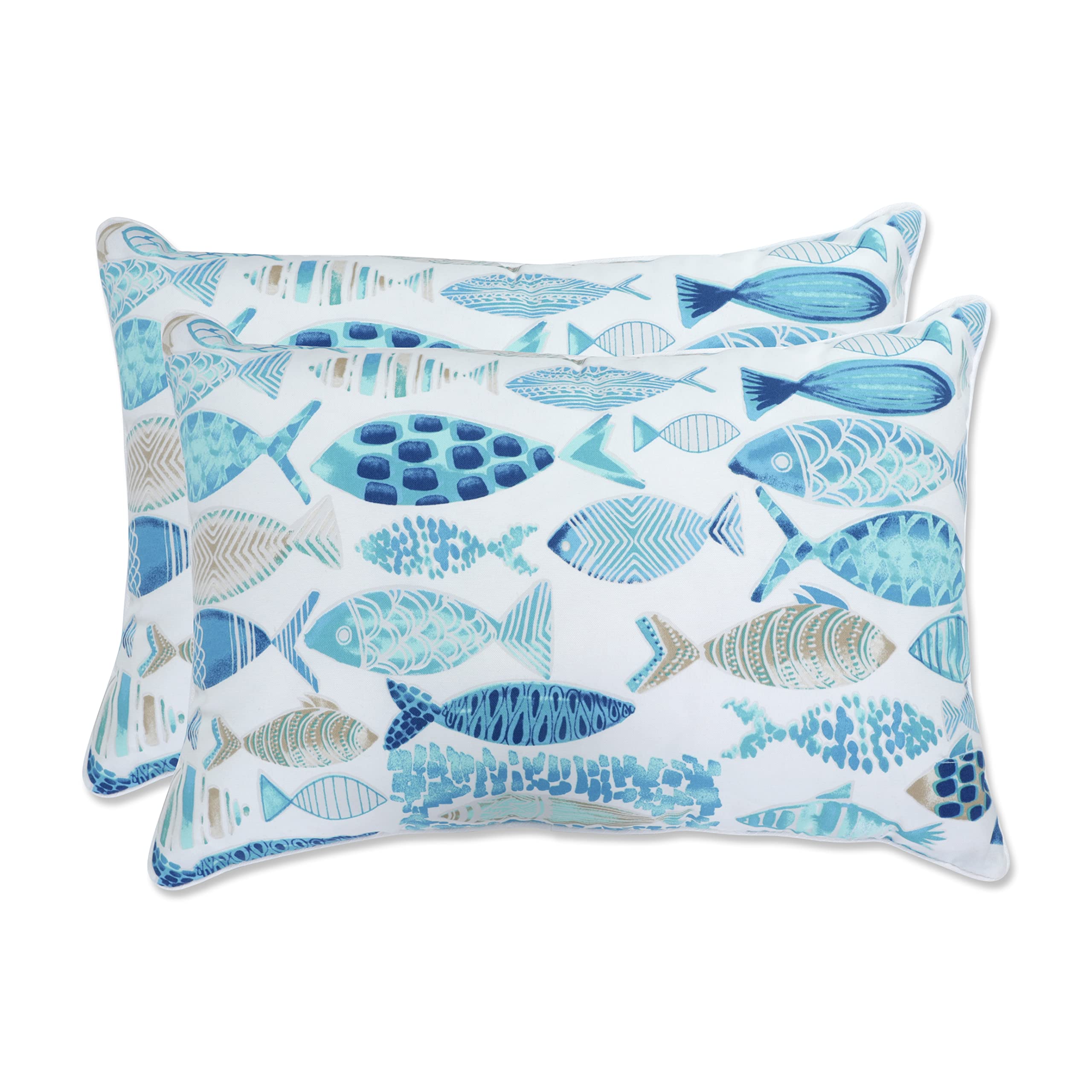 Pillow Perfect Outdoor/Indoor Oversized Pillows, Lumbar - 16.5' X 24.5', Blue Hooked Seaside 2 Count