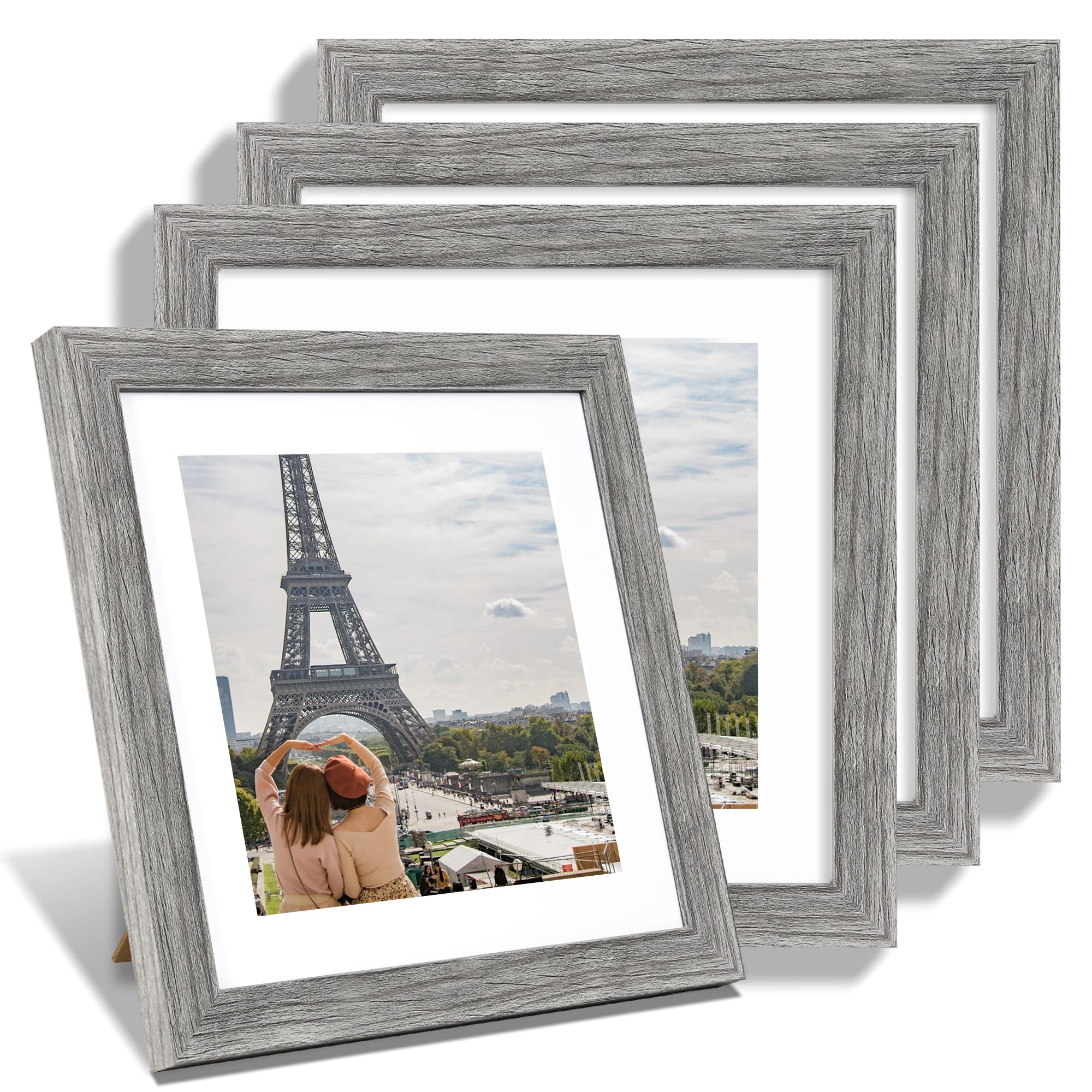 Hongkee 10x10 Picture Frame Set of 4, Made of Glass and Grey Wooden Frame - Display Picture 8x8 with Mat or 10 x 10 Without Mat,