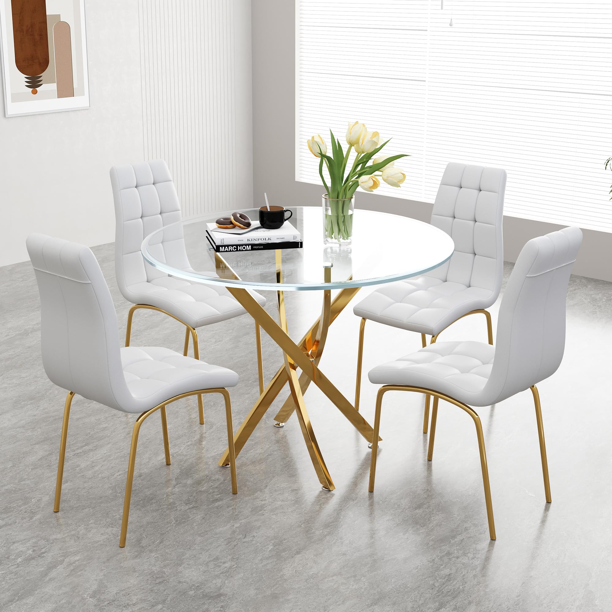5 Piece Round Glass Dining Table Set, Round Tempered Glass Kitchen Tables Set For 4, Modern Table Set With 4 High-Back Upholster