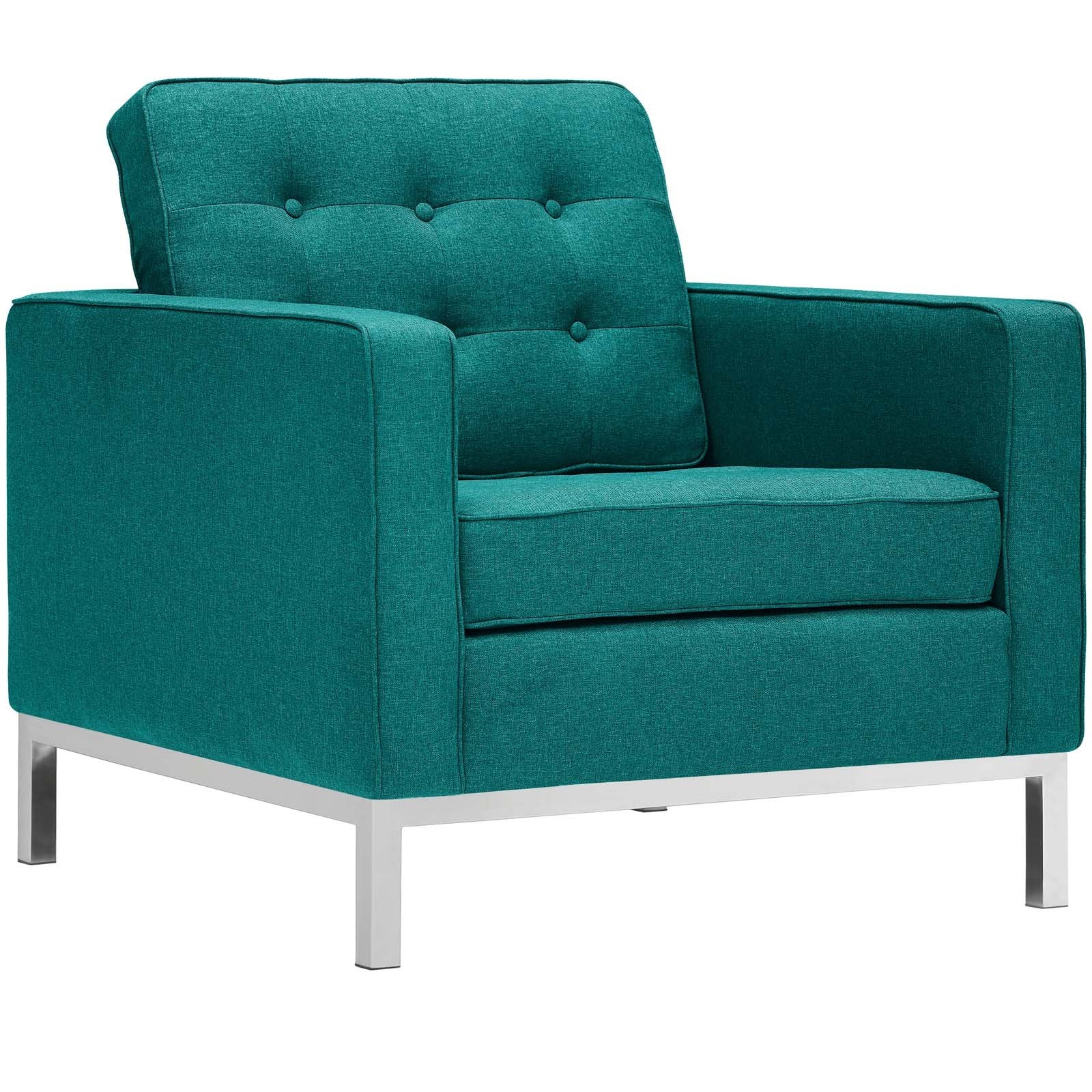 Modway Loft Upholstered Fabric Mid-Century Modern Accent Arm Lounge Chairs In Teal - Set Of 2