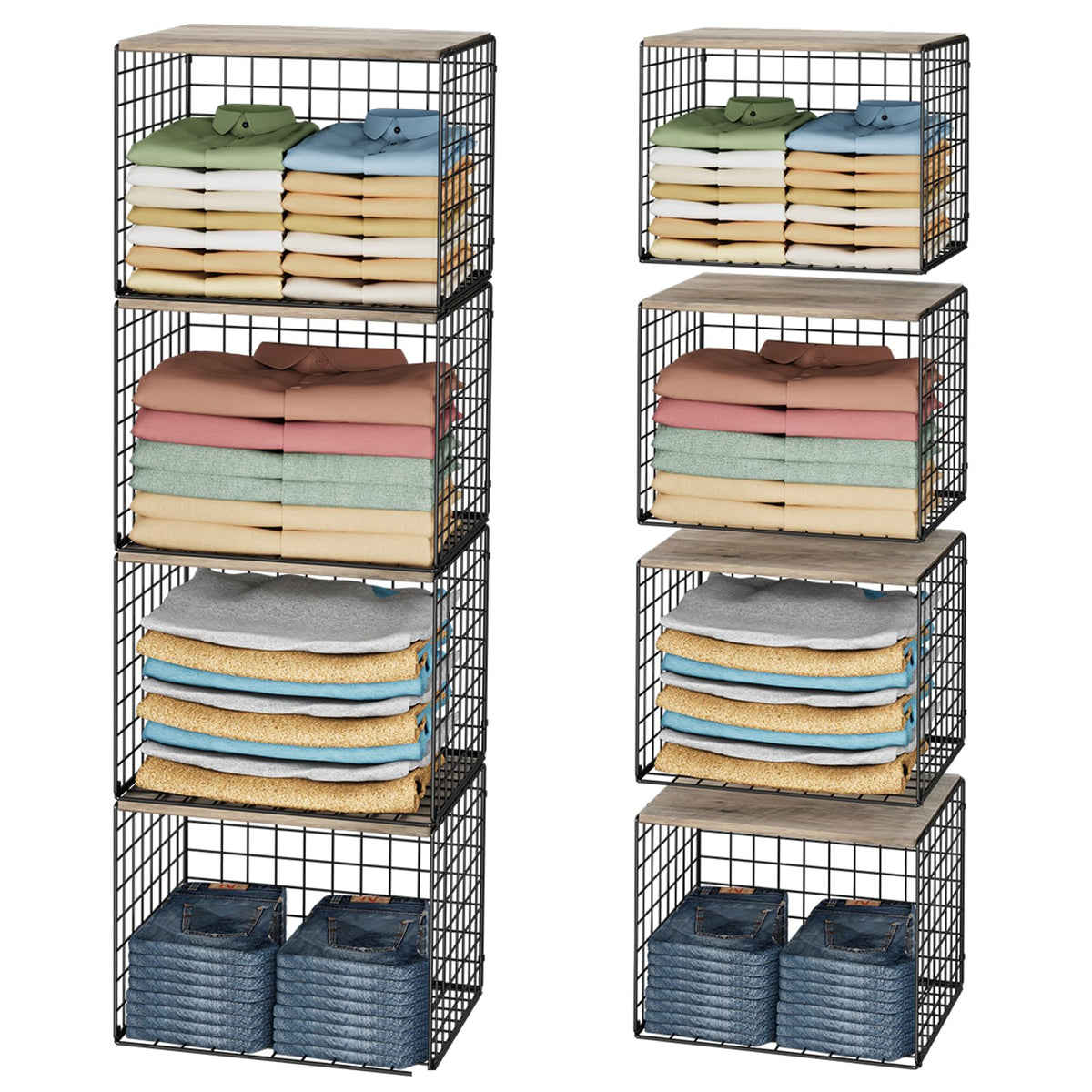 4PCS Wider Closet Organizers and Storage, Stackable Closet Shelf Organizer Storage Bins with Wood Top for Sweaters Jeans, Clothe