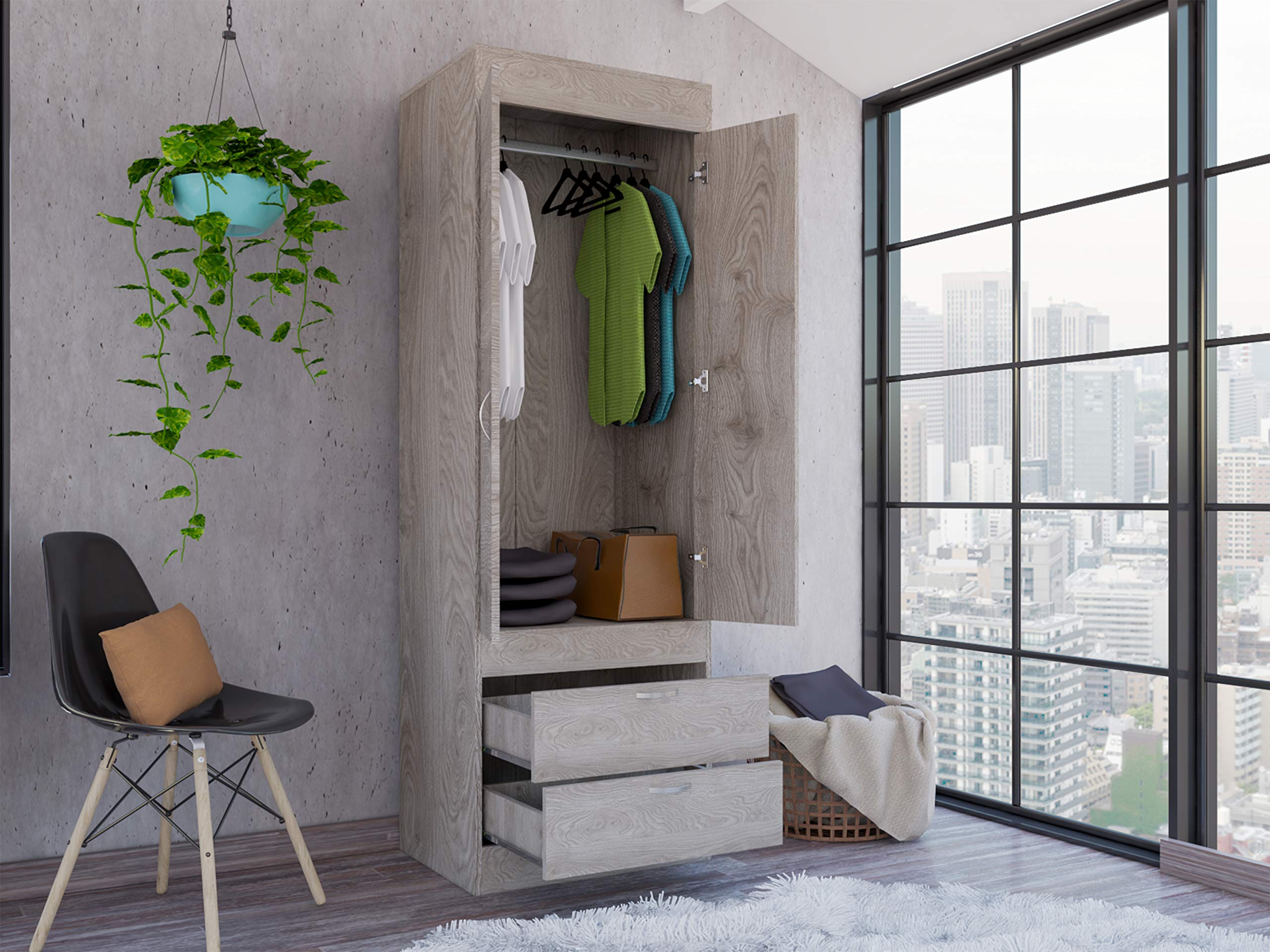 Portugal 2 Doors Armoire 70.4&quot; H with Two Drawers, Cabinet-Light Grey