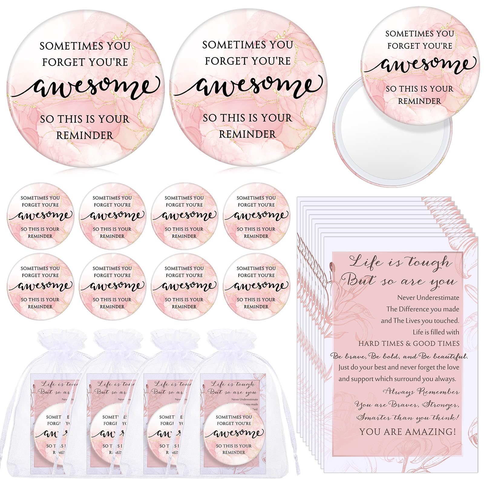 50 Set Inspirational Compact Mirror Bulk Appreciation Gifts for Women Mini Makeup Pocket Purse Mirror with Thank You Cards for C