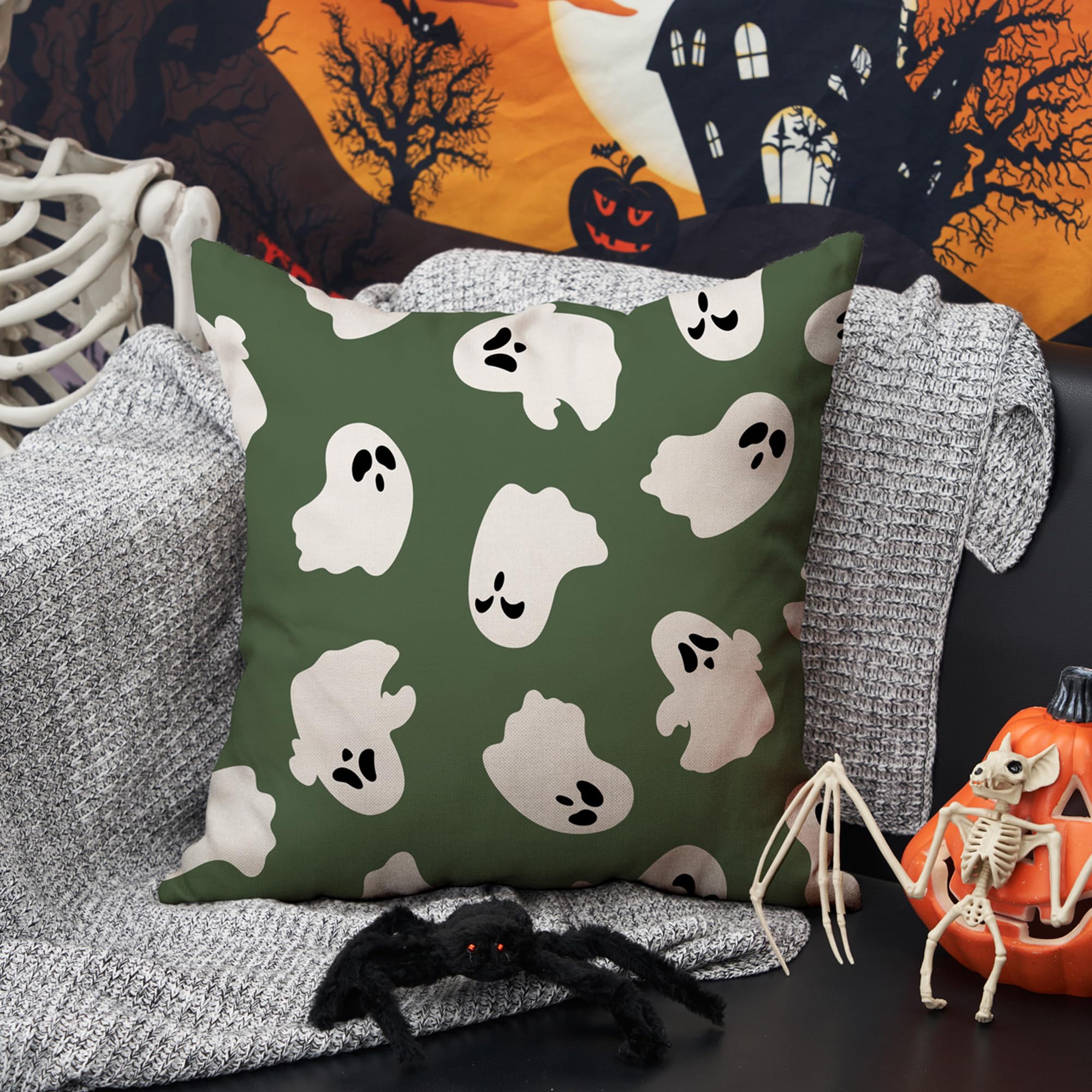 Dfxsz Halloween Pillow Covers 20X20 Inch Set Of 2 Happy Halloween White Ghost Decor Green Pillow Covers Happy Halloween Sofa Bed
