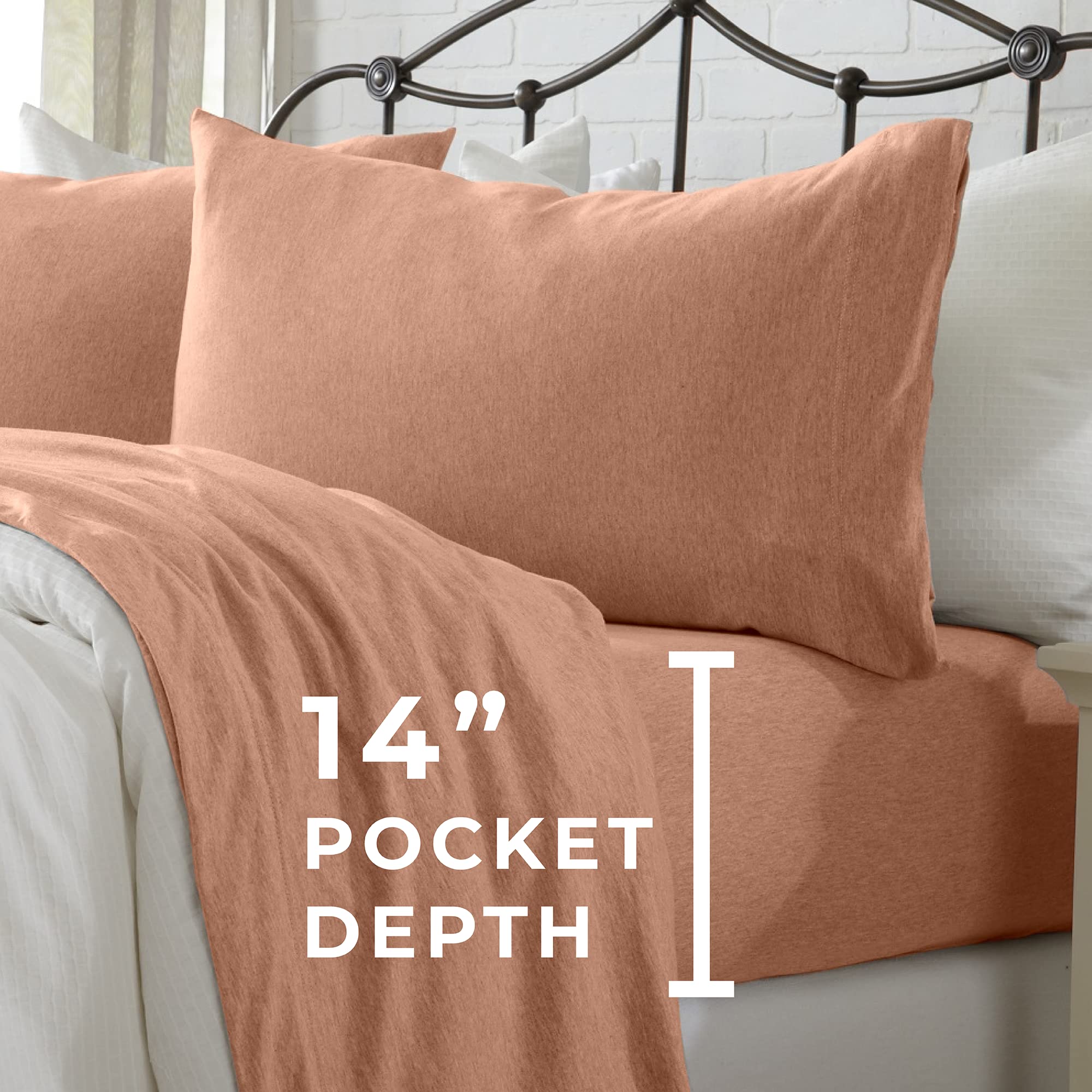 4 Piece Jersey Knit Full Cotton Blend Orange Sheet Set | Ultra-Soft T-Shirt Jersey Bedding Sheets & Pillowcases | Heathered, Bre