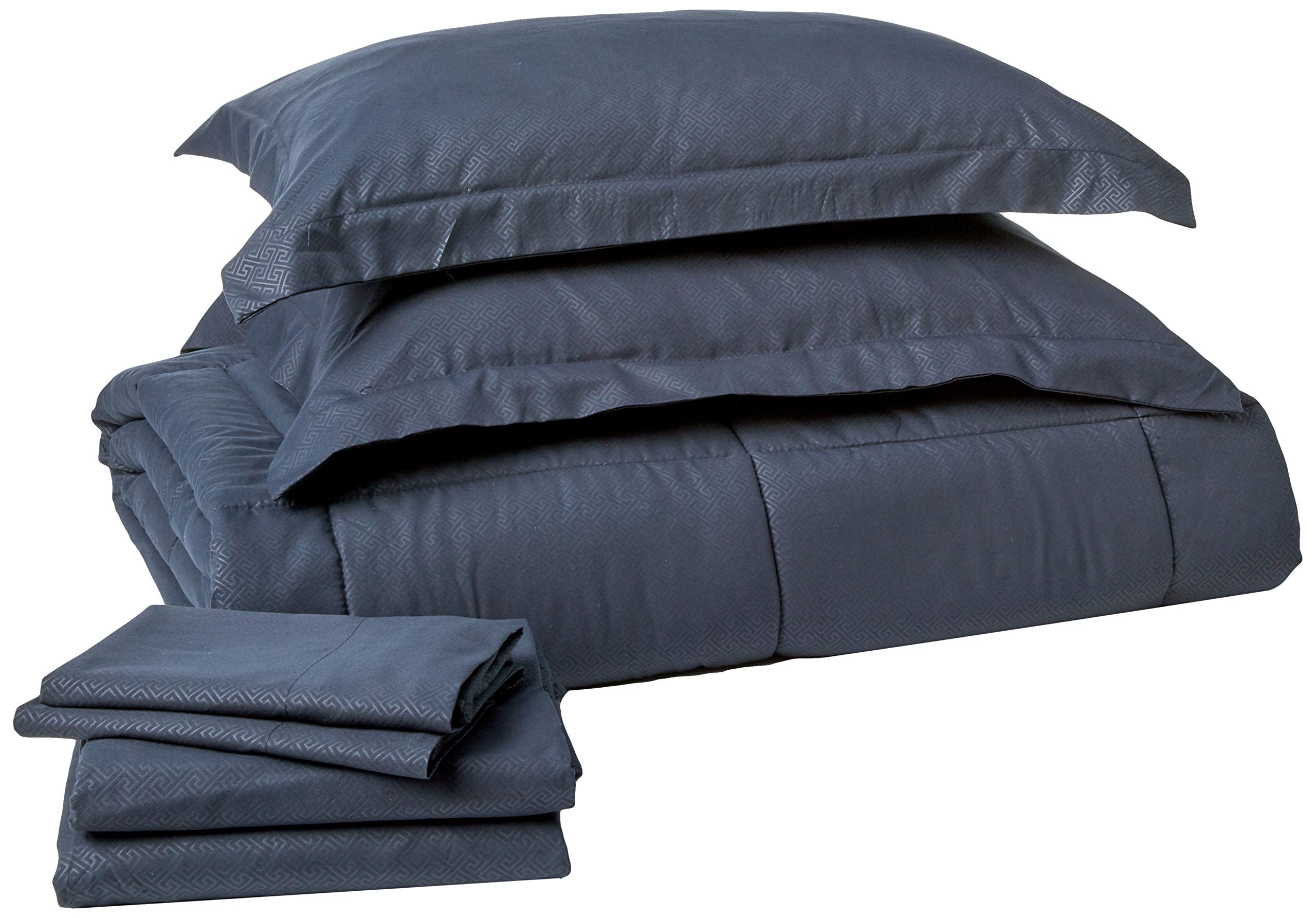 Queen Comforter Set 8 Piece Bed In A Bag With Bed Skirt, Fitted Sheet, Flat Sheet, 2 Pillowcases, 2 Pillow Shams, Queen, Greek Key Navy