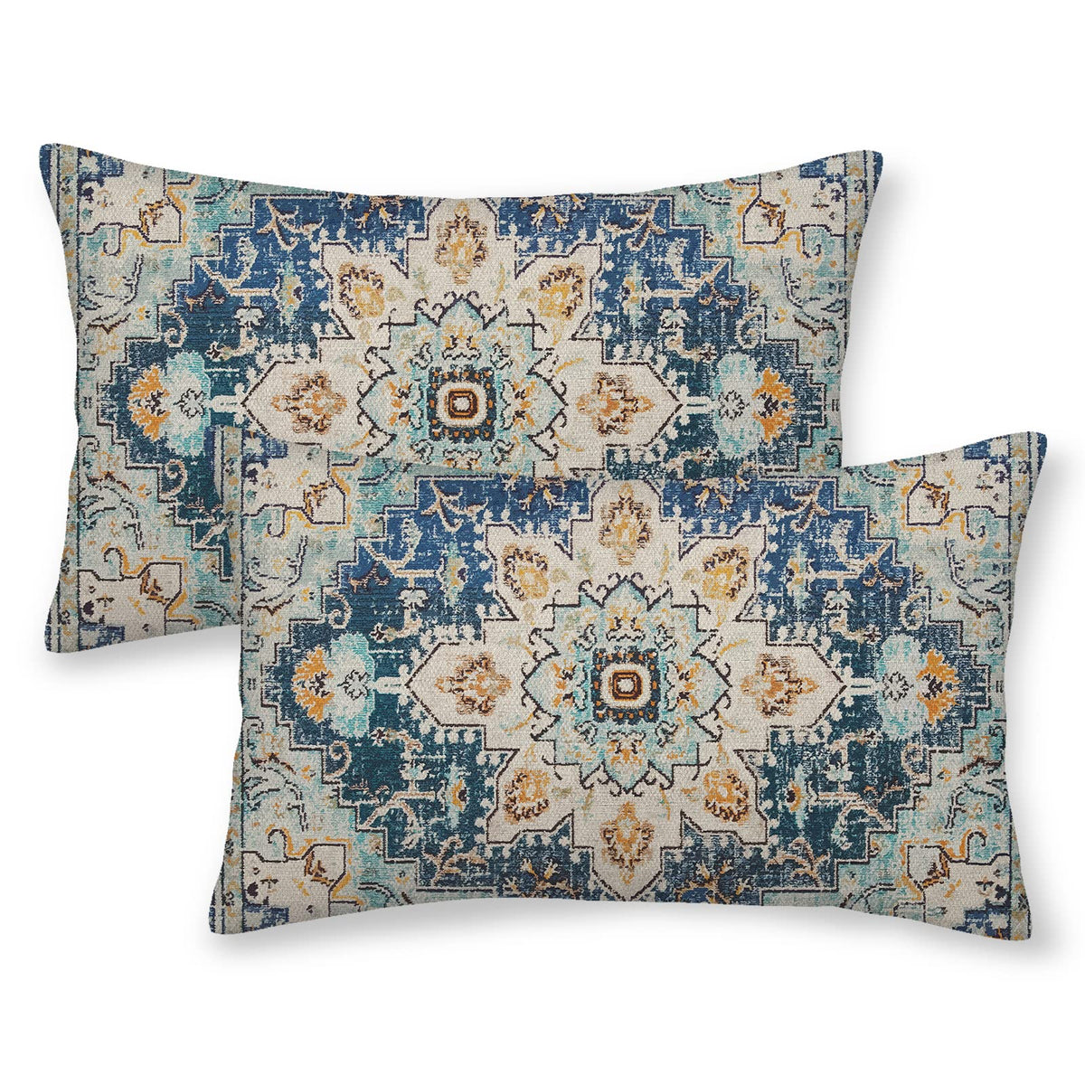 Gohdiwh Boho Lumbar Pillow Covers 12X20 Set Of 2, Blue Yellow Carpet Pattern Decorative Throw Pillows Linen Ethnic Design Farmho