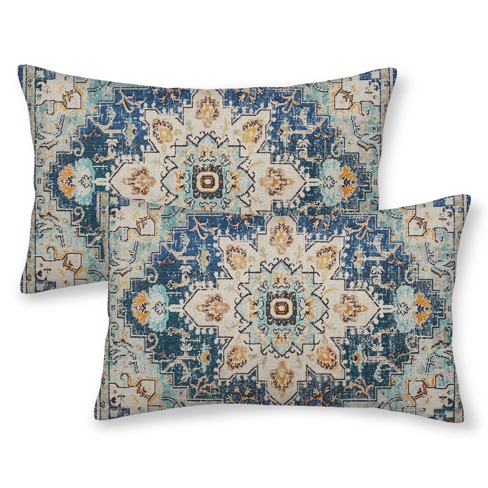 Gohdiwh Boho Lumbar Pillow Covers 12X20 Set Of 2, Blue Yellow Carpet Pattern Decorative Throw Pillows Linen Ethnic Design Farmho