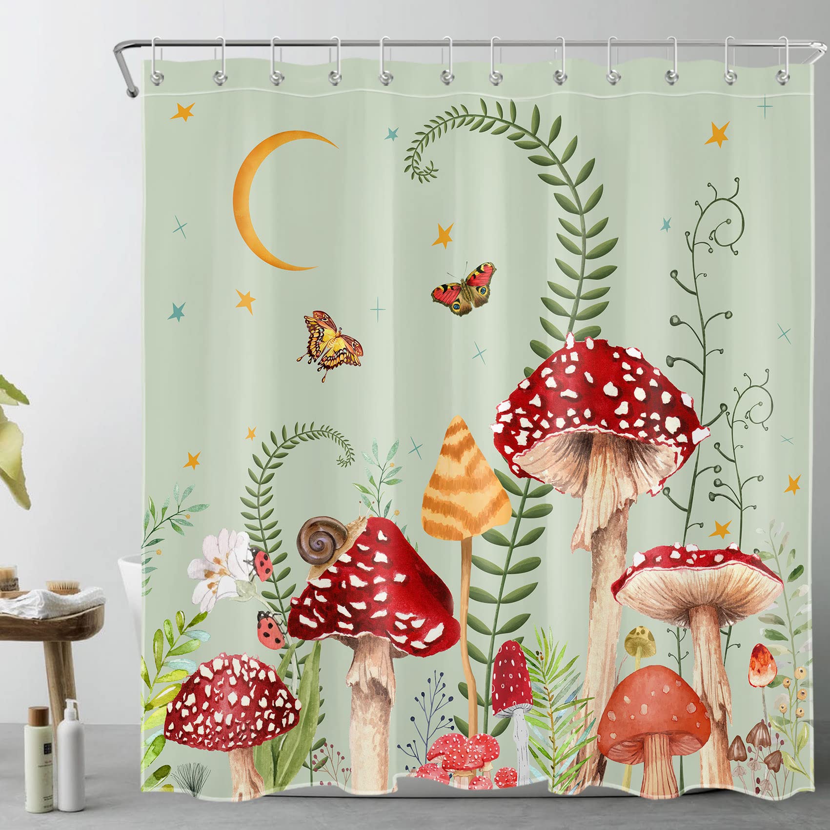 EOBTAIN Boho Mushroom Shower Curtain Rustic Floral Plant with Green Leaf and Moon Stars on Sage Green Fabric Shower Curtain with