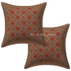 Stylo Culture Decorative Cotton Cushion Covers 16X16 Inch Sequins Gold Zari Embroidered Brown Drawing Room Decor Floral Rajastha