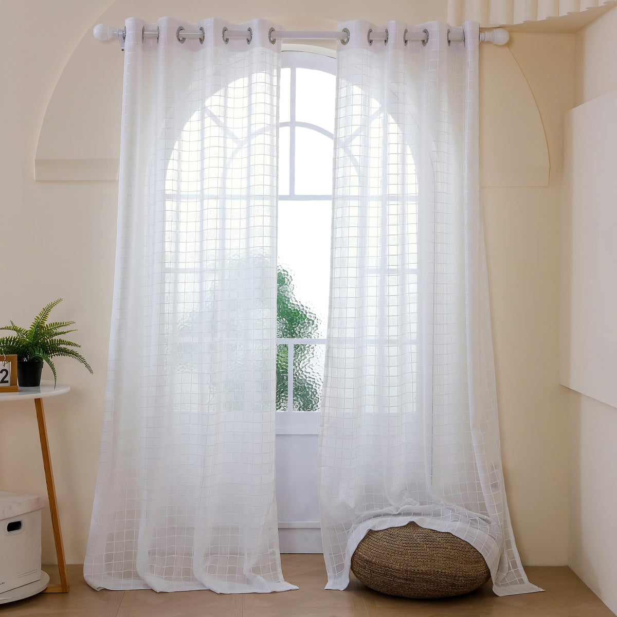 Story@Home Sheer Curtains 8 Feet Long Set of 2 | Checkered Print | Transparent Net Curtain | Semi Long Door Curtains for Living