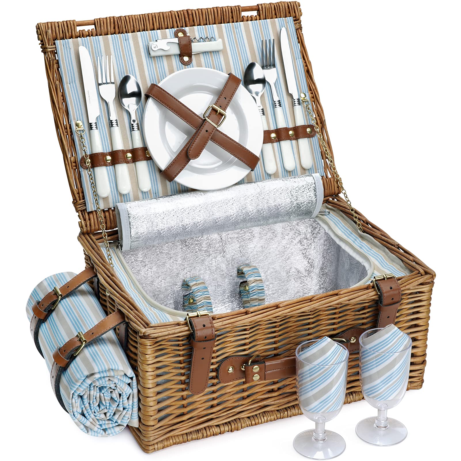 Picnic Basket Set For 2 Persons, Willow Hamper With Large Insulated Cooler Compartment, Waterproof Blanket And Cutlery Service K