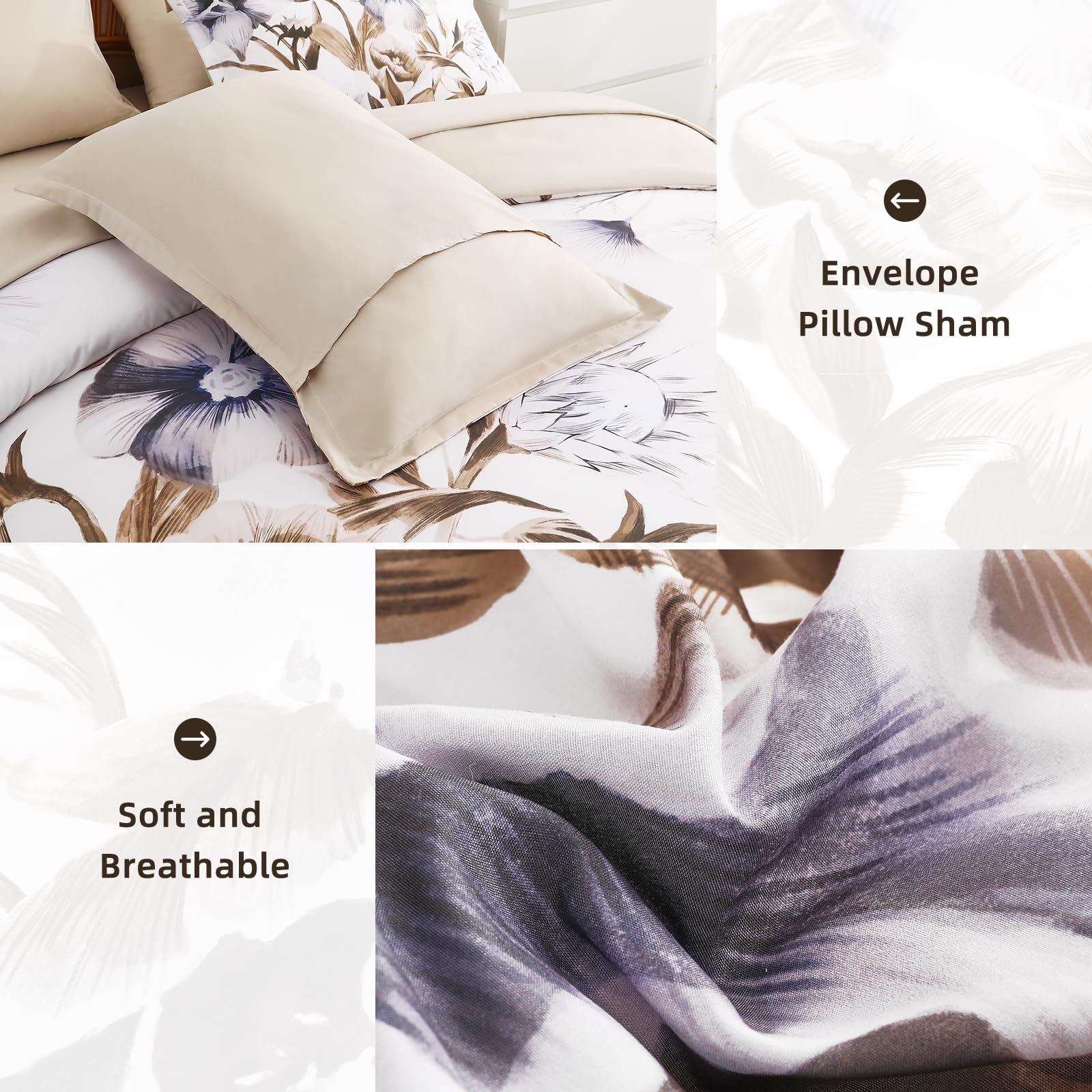 Luxudecor Floral Comforter Set Queen Size 7 Piece, Beige Flower Bed In A Bag, Elegant Floral Comforter With Sheet Set, Soft Micr