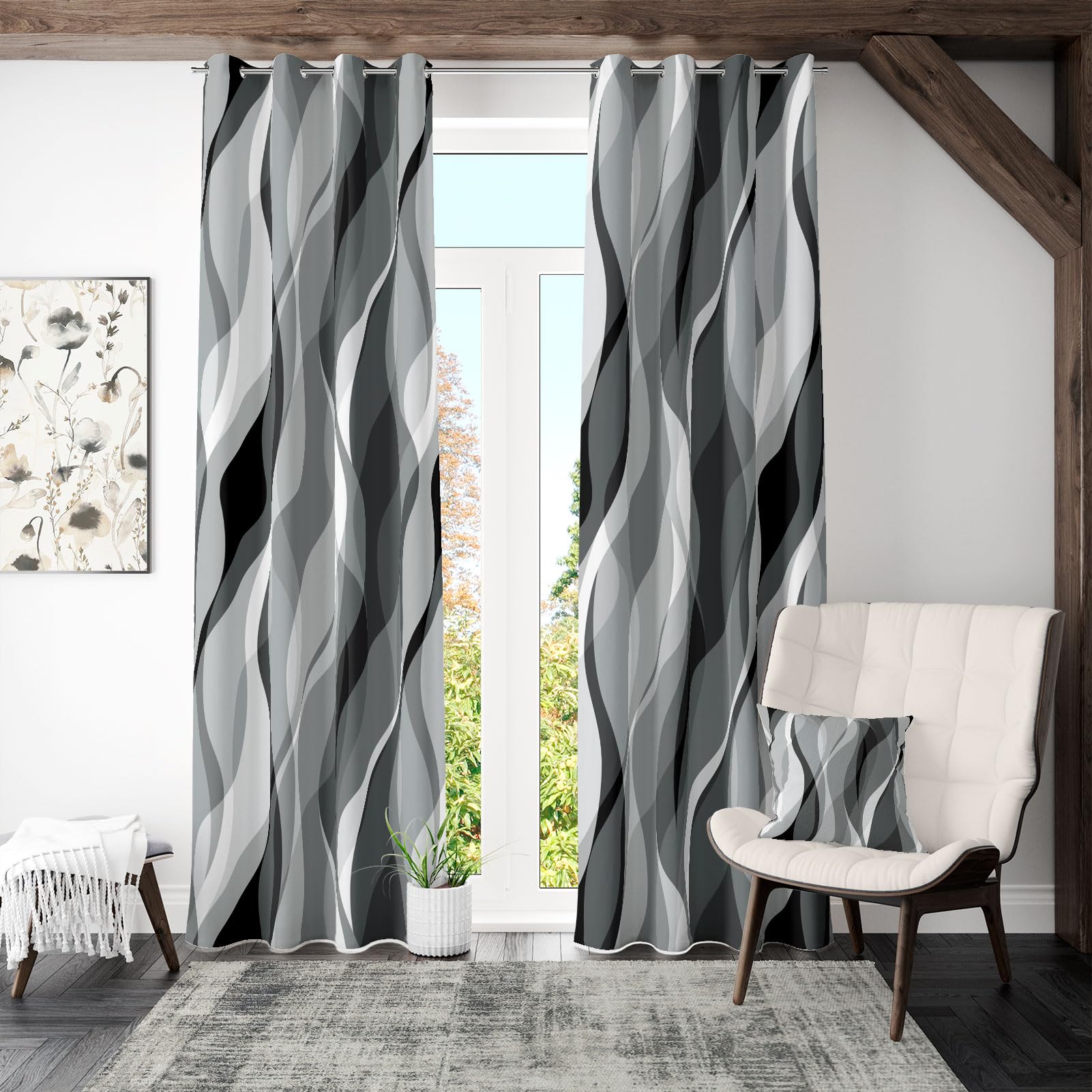 Weesire Black And Grey Curtains Decorative 50% Light Blocking Darkening Grommet Grey Curtain For Living Room Villa, Bedroom Gray