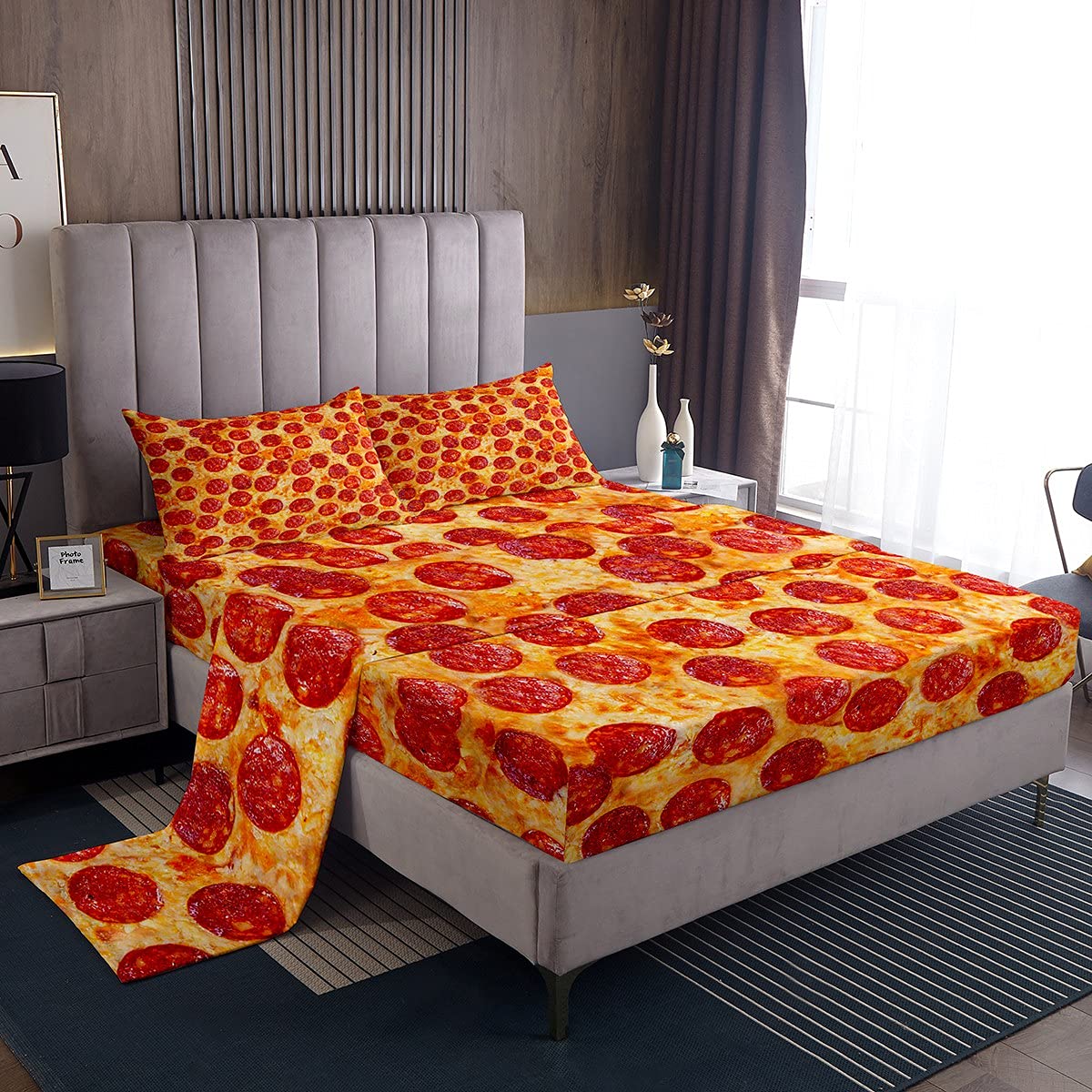 Feelyou Queen Bed Sheets Set For Kids Bedroom Decor Pizza Sheet Set Pepperoni Be Print Bedding Set Soft Lightweight Funny Delici