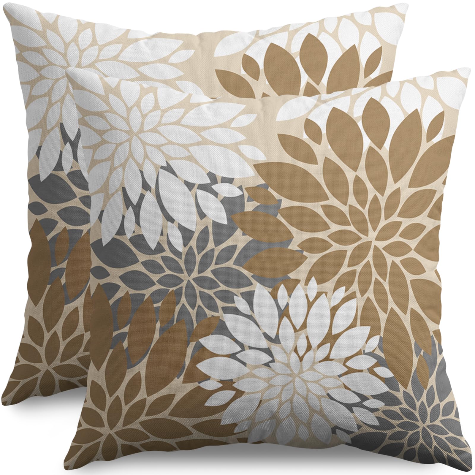 Smozenith Brown White Grey Gray Pillow Covers 18X18 Inch Set Of 2, Spring Modern Geometry Dahlia Floral Print Decorative Throw P