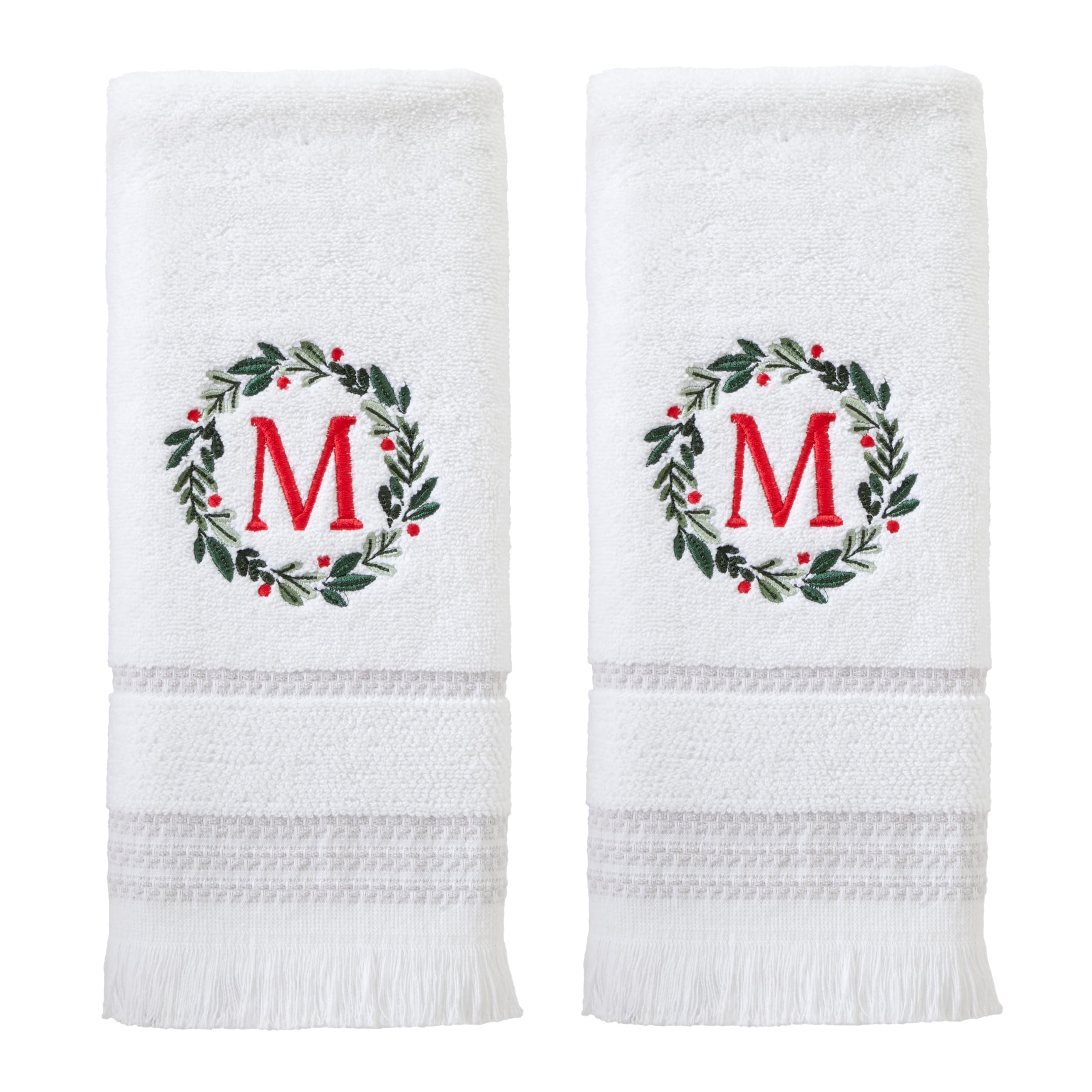 SKL Home Christmas/Winter Wreath Monogram Hand Towel M 2pc Set for Bath/Kitchen/Bar & Gift, White
