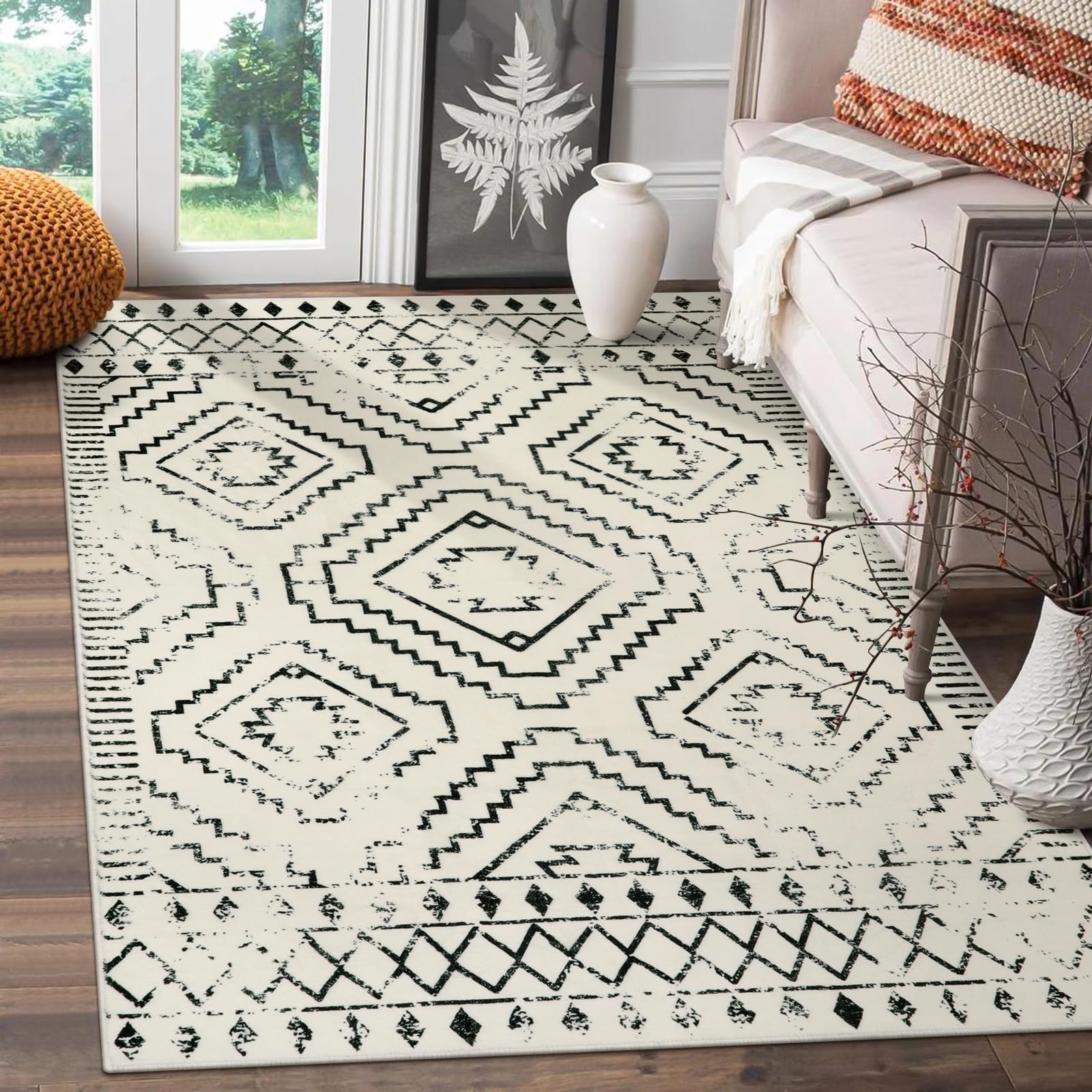 Wonnitar Moroccan 3x5 Area Rug, Washable White Non-Slip Entry Rug, Farmhouse Rustic Small Living Room Rug Tribal Non-Shedding Th