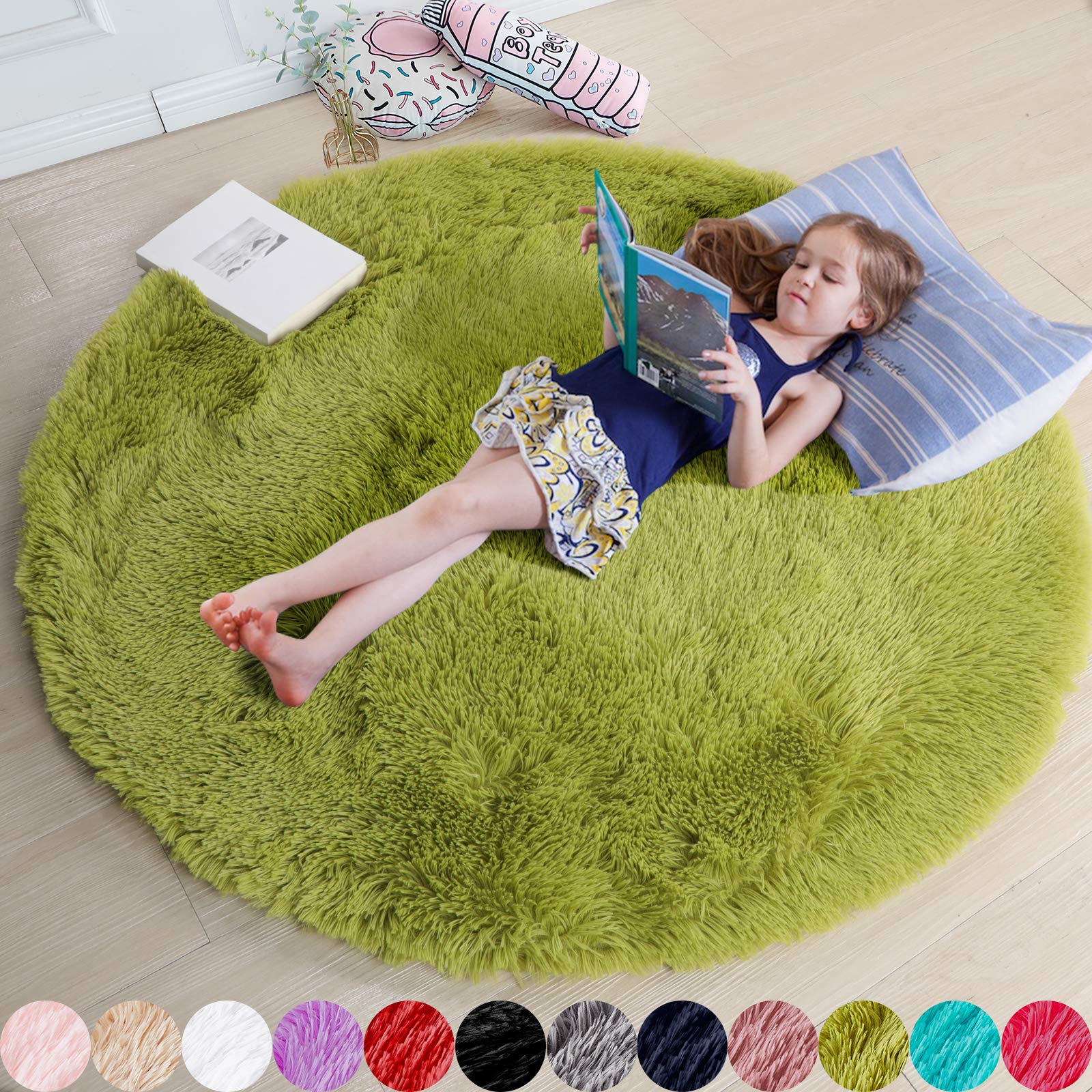 Grass Green Round Rug for Bedroom,Fluffy Circle Rug 5X5 for Kids Room,Furry Carpet for Teens Room,Shaggy Circular Rug for Nur