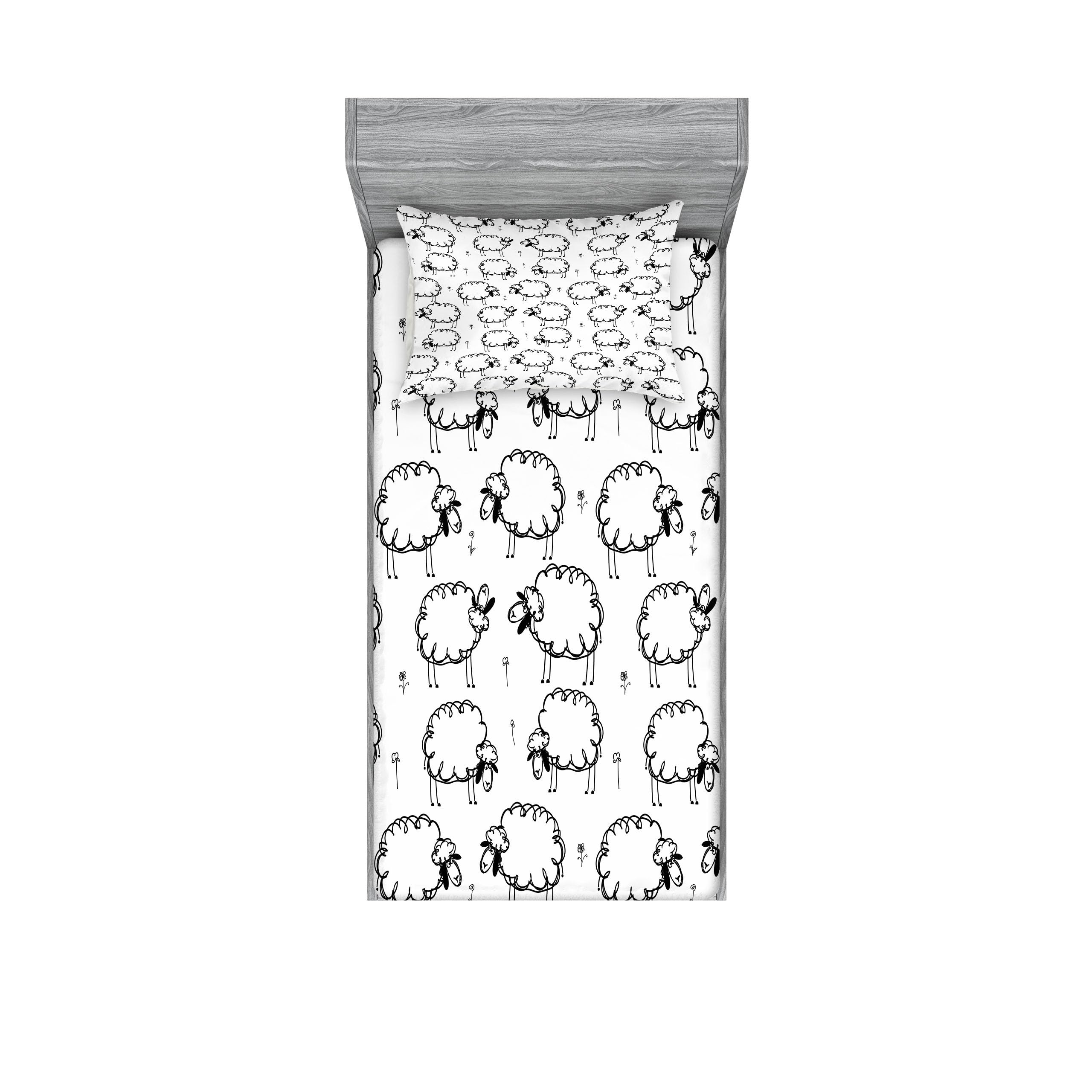 Ambesonne Funny Fitted Sheet & Pillow Sham Set, Humorous Sheep Patterns on Meadow Flower Comic Doodle Playroom Kids Art Print, D