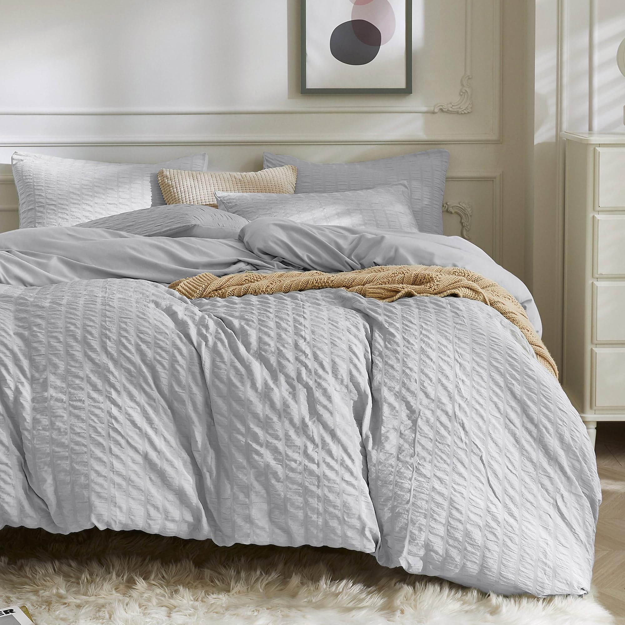 Jellymoni Light Grey Duvet Cover King Size, 3Pcs Washed Microfiber Bedding Set, Soft Breathable Seersucker Duvet Cover Set With
