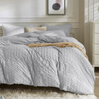 Jellymoni Light Grey Duvet Cover Queen Size, 3Pcs Washed Microfiber Bedding Set, Soft Breathable Seersucker Duvet Cover Set With