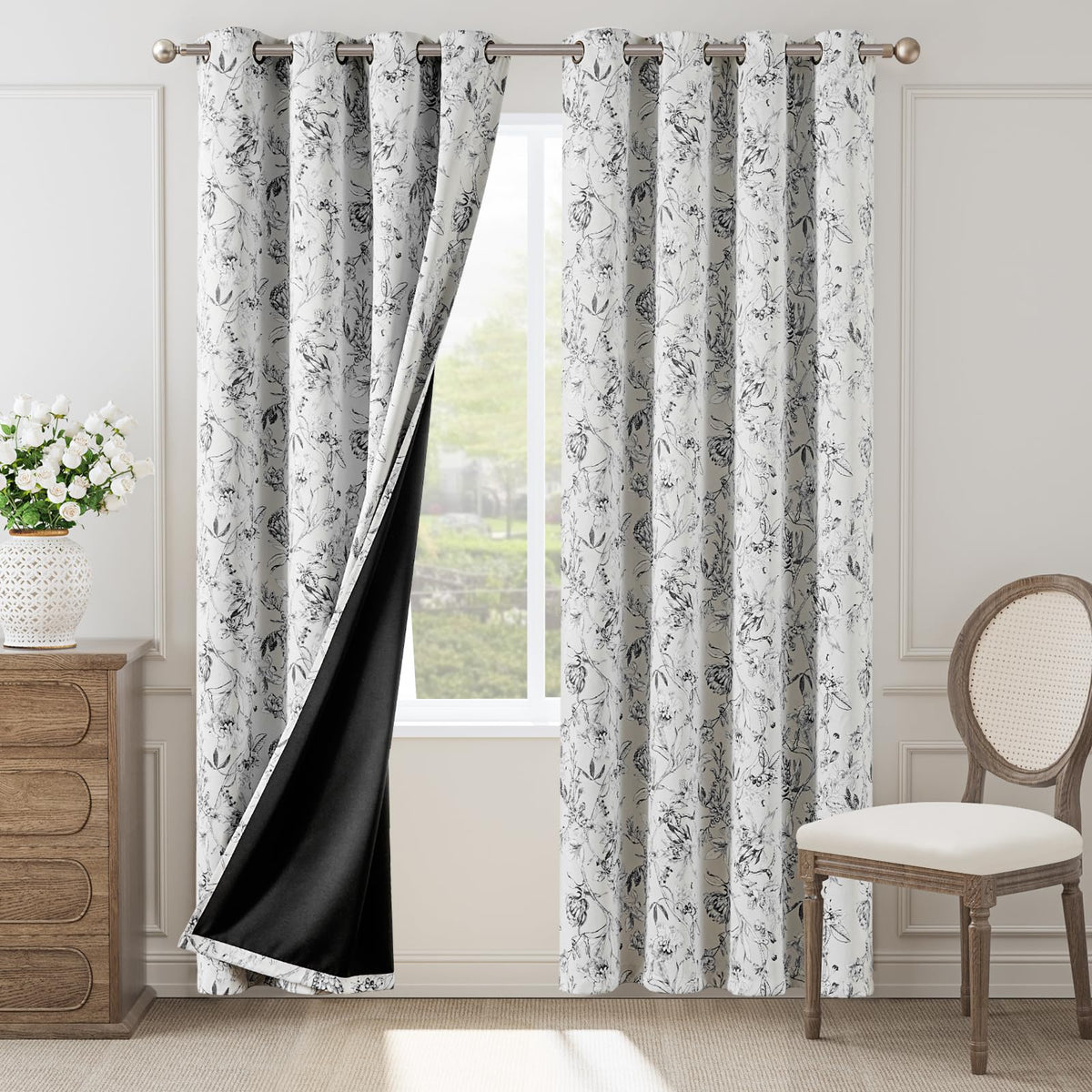 Jinchan Black Floral Blackout Curtains For Bedroom 84 Inches Long, Black Flower Patterned Curtains Blackout Thermal Insulated 10