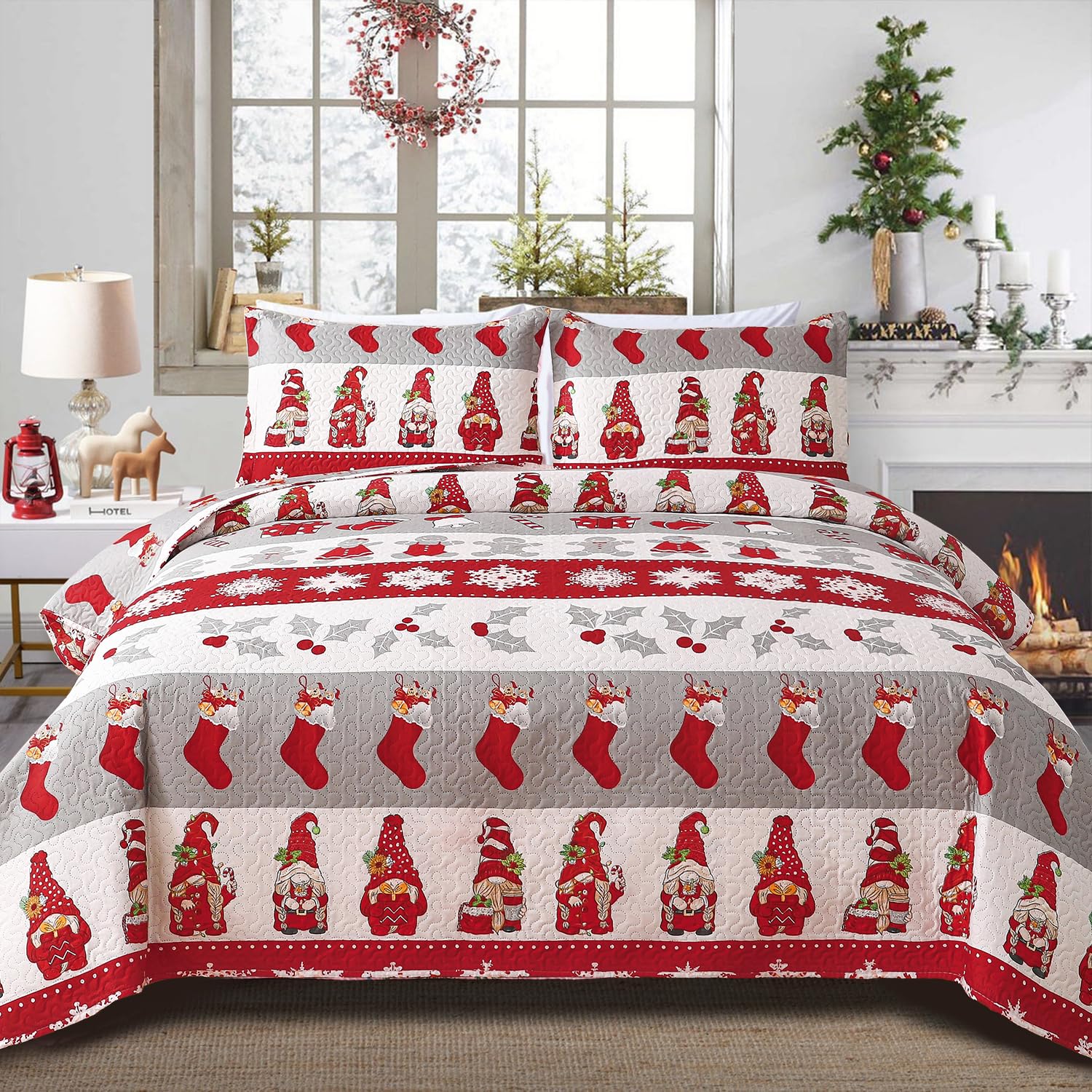 Smuge Christmas Bedspread Quilt Sets Queen Size - Reversible Snowflake Christmas Tree Christmas Stockings New Year Winter Holida