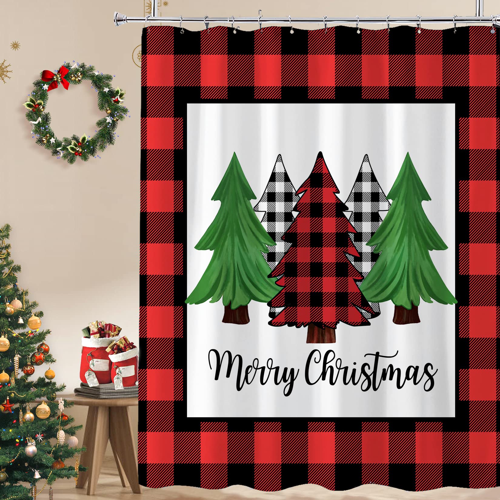 Bivinar Red Christmas Plaid Shower Curtain, Vintage Farmhouse Christmas Tree Buffalo Check Plaid Bathroom Shower Curtain, 72 X 7