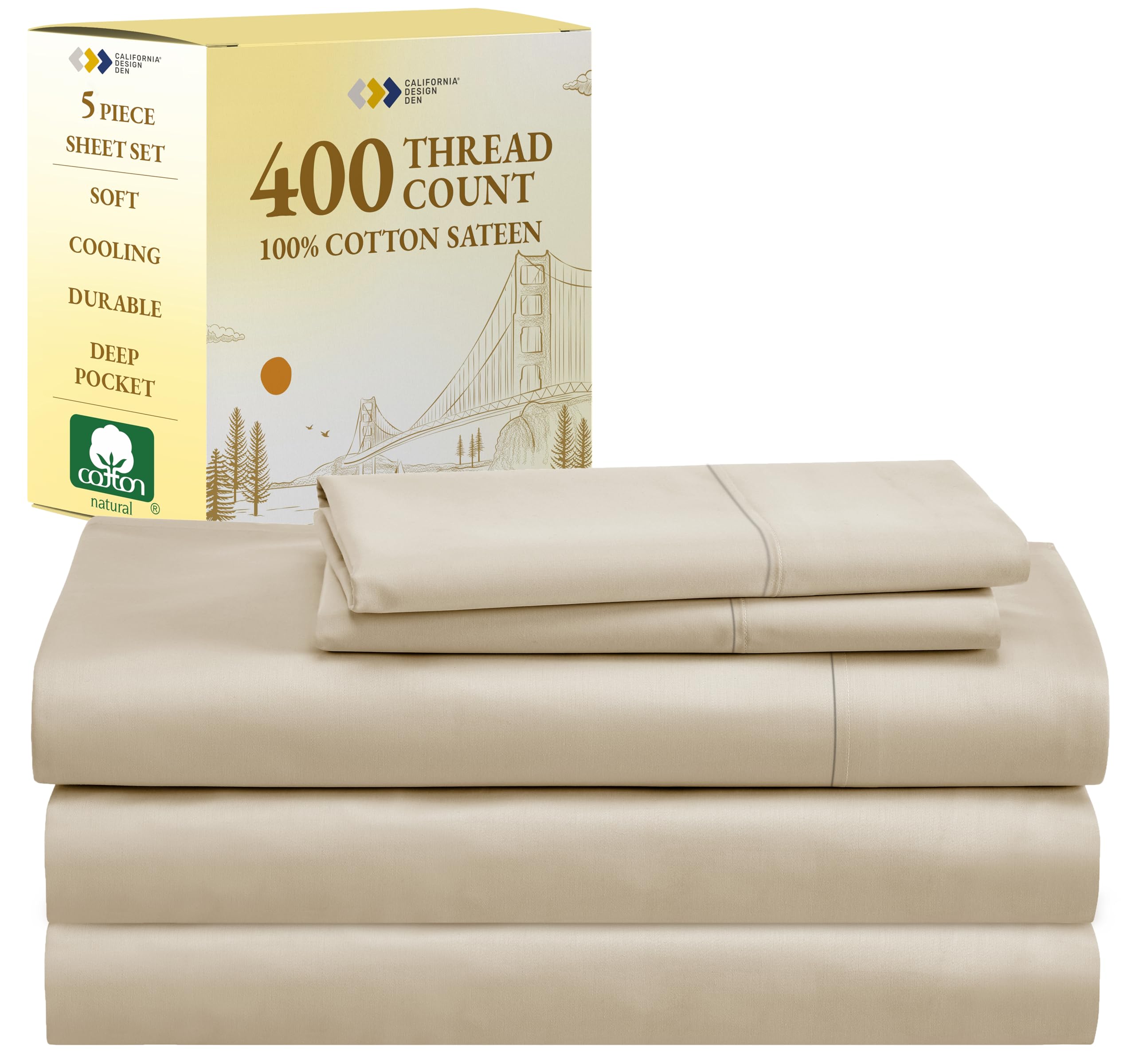 California Design Den Split King Bed Sheets Set, 400 Thread Count 100% Cotton Sateen, Soft & Breathable, Cooling Bed Sheets For