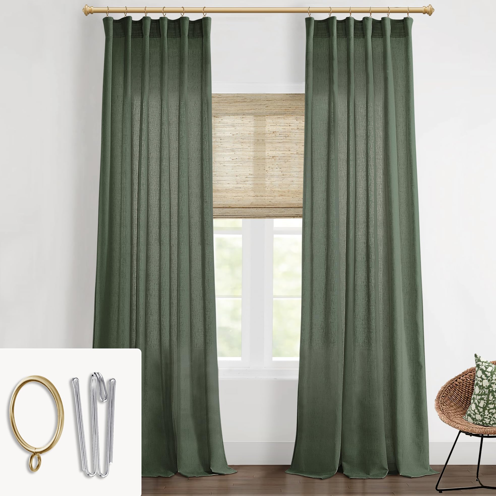 Shineland Dark Green Curtains 96 Inches Long 2 Panel Set For Office,Decorative Sheer Linen Earth Tone Moody Boho Curtains For Christmas Living Room Bedroom