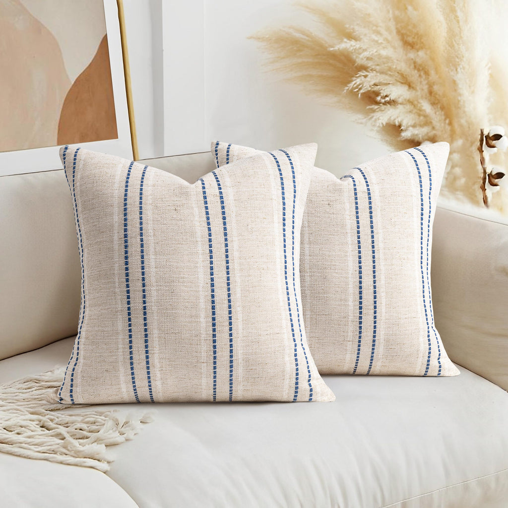 Aels 16X16 Decorative Farmhouse Linen Throw Pillow Covers, Boho Textured Pillow Case, Set Of 2, Beige With White & Navy Blue Sti