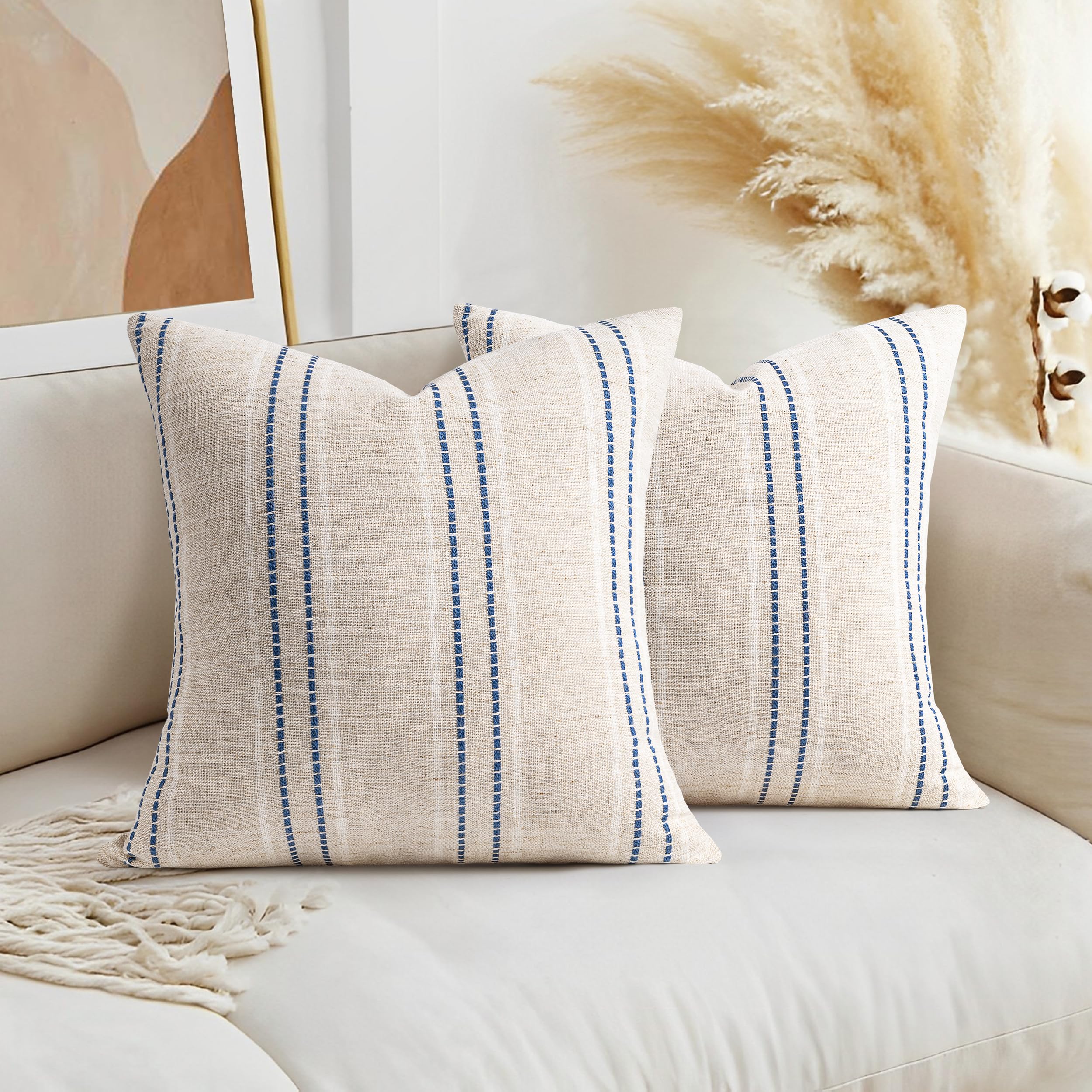Aels 16X16 Decorative Farmhouse Linen Throw Pillow Covers, Boho Textured Pillow Case, Set Of 2, Beige With White & Navy Blue Sti