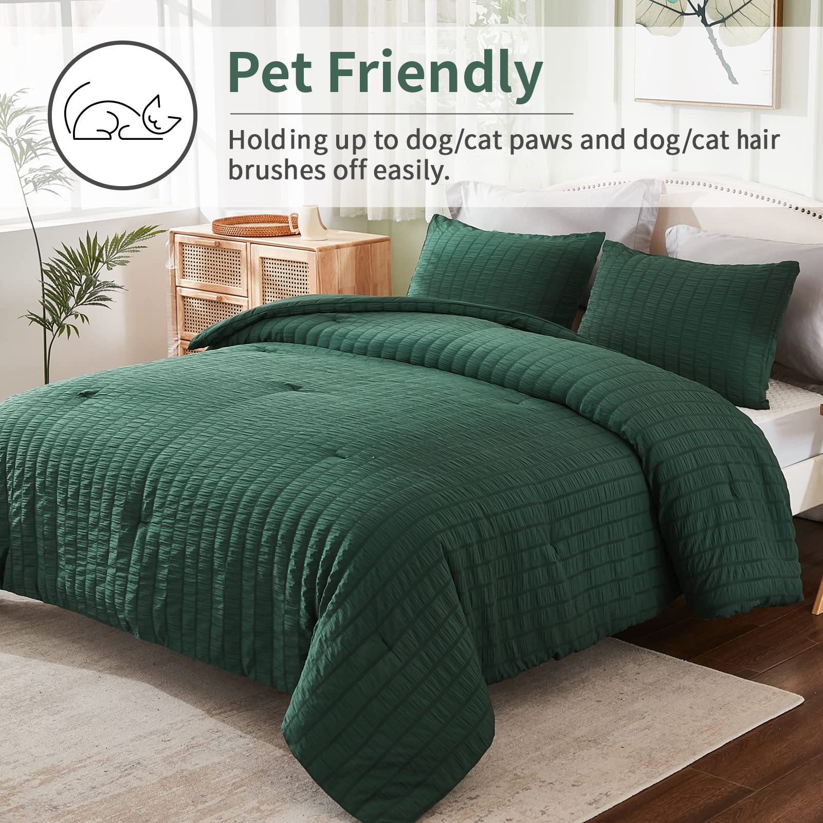Avelom Dark Green Seersucker Queen Comforter Set (90X90 Inches), 3 Pieces-100% Soft Washed Microfiber Lightweight Comforter With 2 Pillowcases, All Season Down Alternative Comforter Set For Bedding