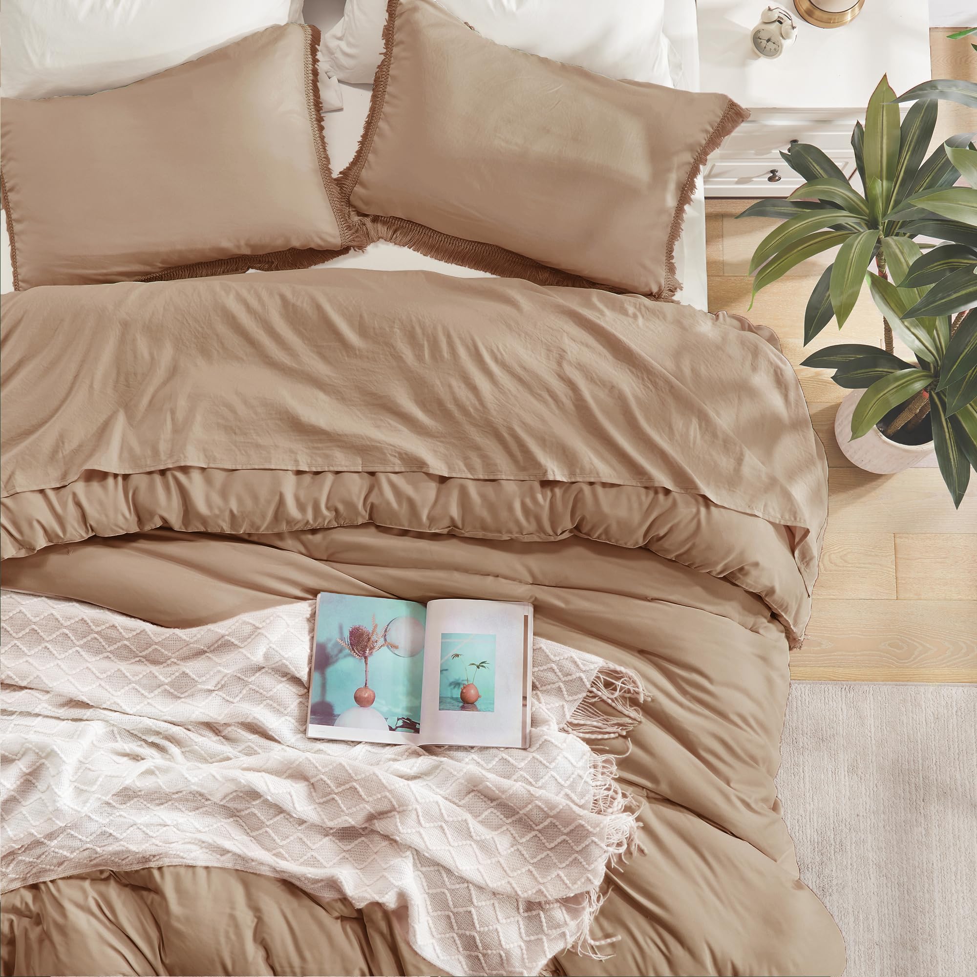 Andency Taupe Comforter Set King Size, 3 Pieces Boho Tassel Lightweight Bedding Comforter Sets For King Bed, Tan All Season Soft Fluffy Fringe Bed Set (104X90In Comforter & 2 Pillowcases)