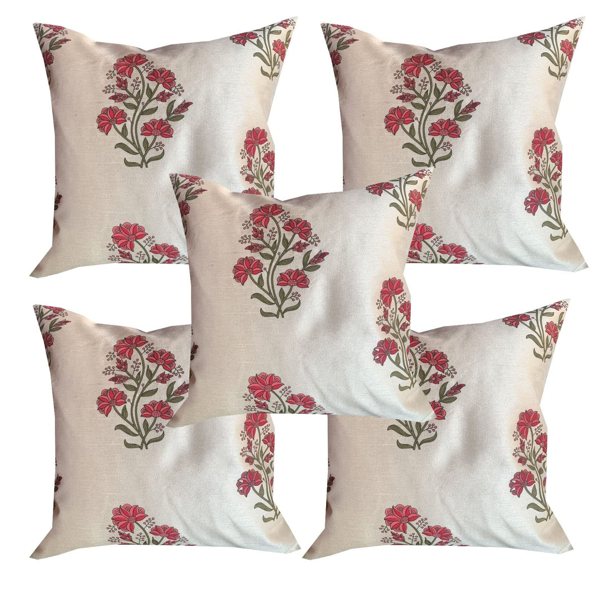 Pink Parrot Dopian Silk (Beige Base) Throw Pillow Covers/Cushion Covers (16X16 Inches)  Set Of 5 Code 021